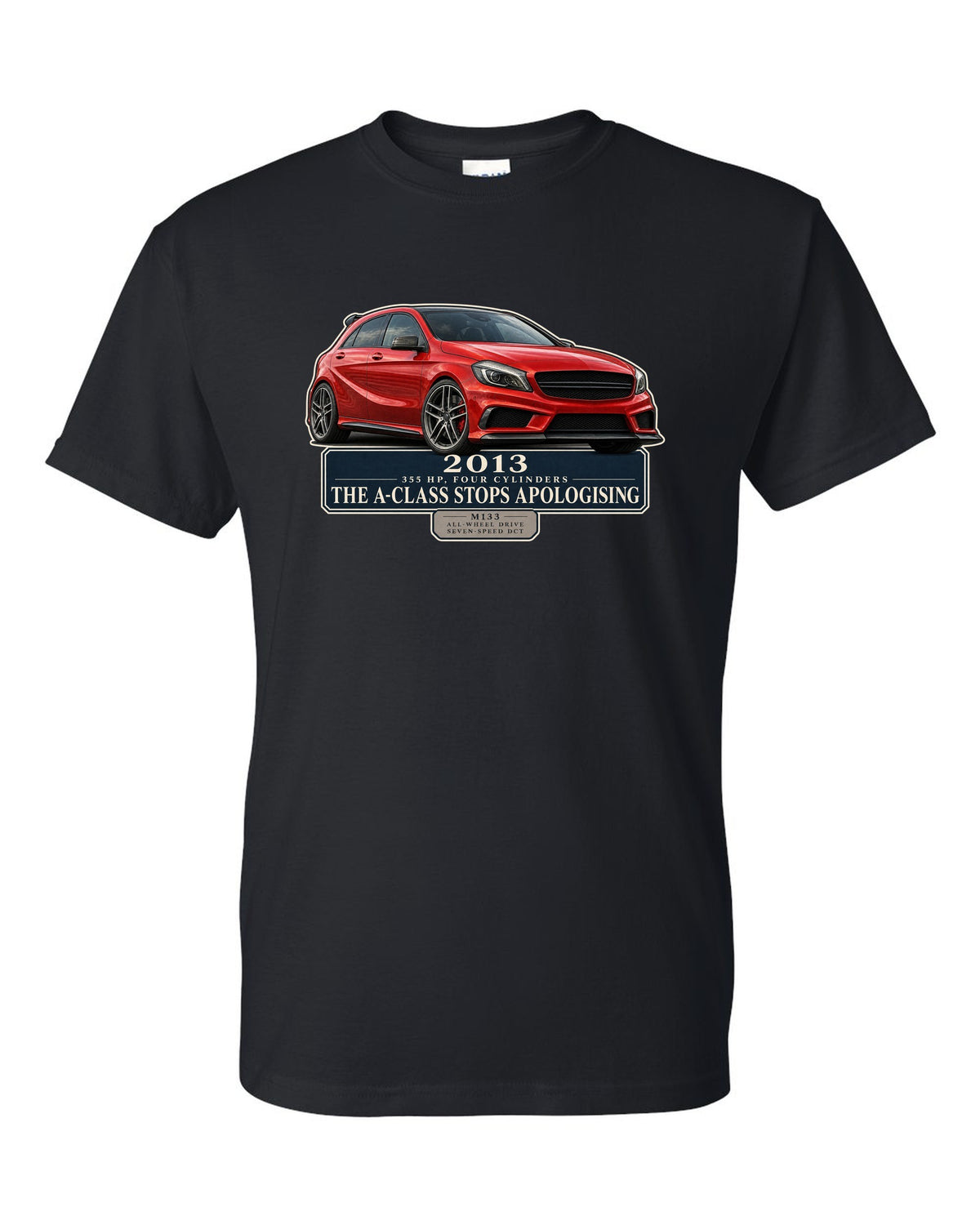 Mercedes-AMG A45 W176 chback editorial headline print black t-shirt front view with the design