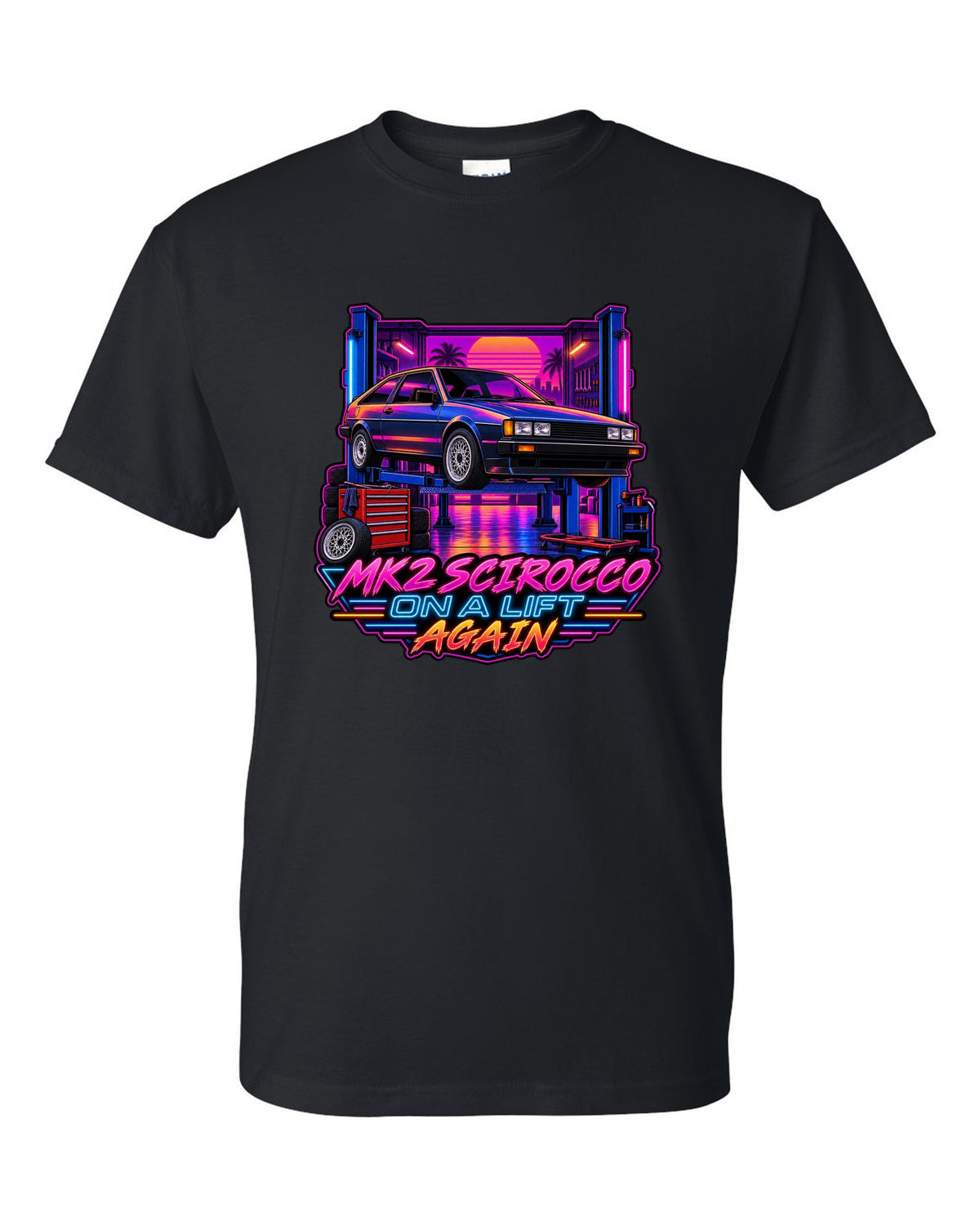 Synthwave outrun style VW Scirocco Mk2 with Mk2 Scirocco on a lift again text black t-shirt front view with the design