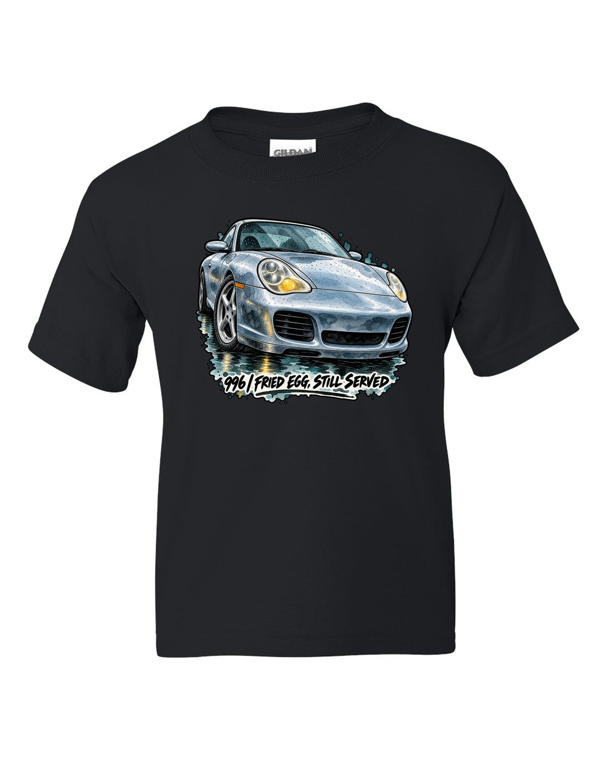 Watercolour ink wash of a Porsche 911 996 on a wet road black kids tee front view with the design