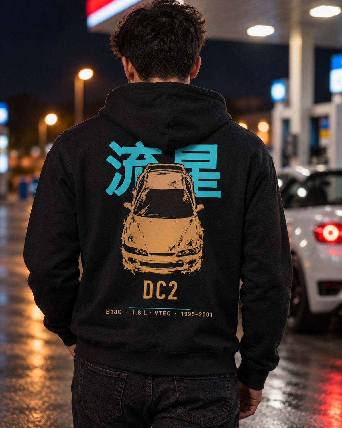 DC2 B18C Full-Back Graphic Tee Zip Hoodie Black worn hero