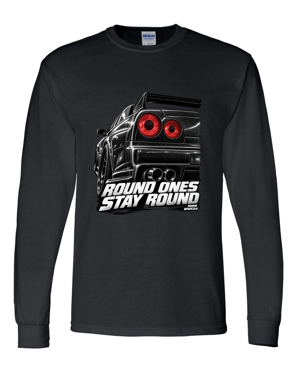 Macro print of the round taillights on a Nissan Skyline GT-R R34 BNR34 black long sleeve front view with the design