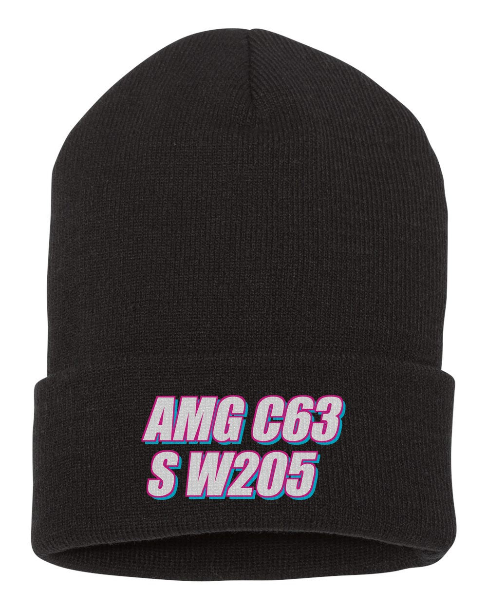 Amg C63 S W205 black beanie front view with car name