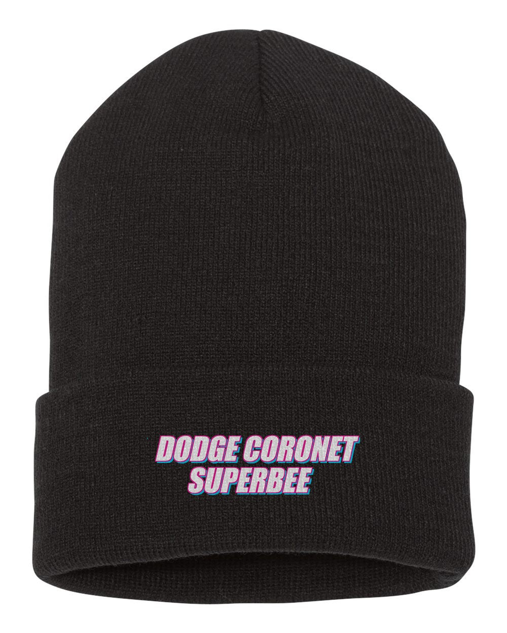 Dodge Coronet Superbee black beanie front view with car name