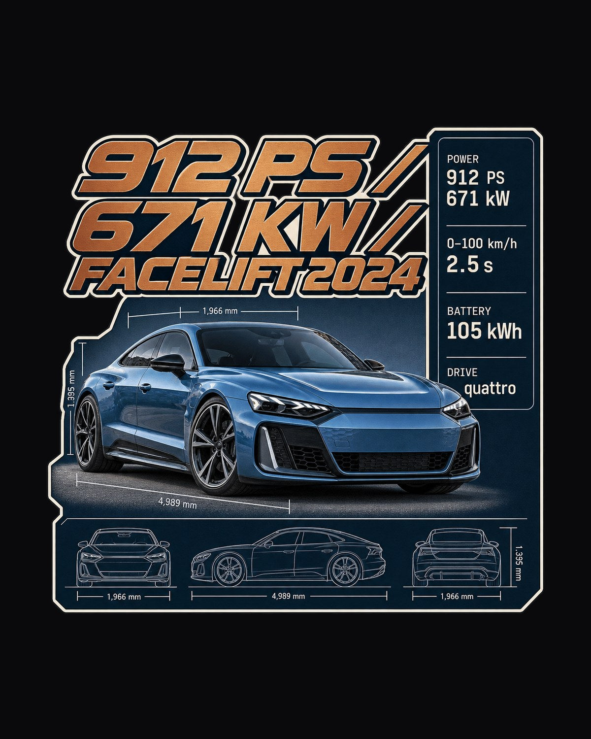 Audi RS e-tron GT Performance Facelift Spec Poster Tee, 912 PS design only
