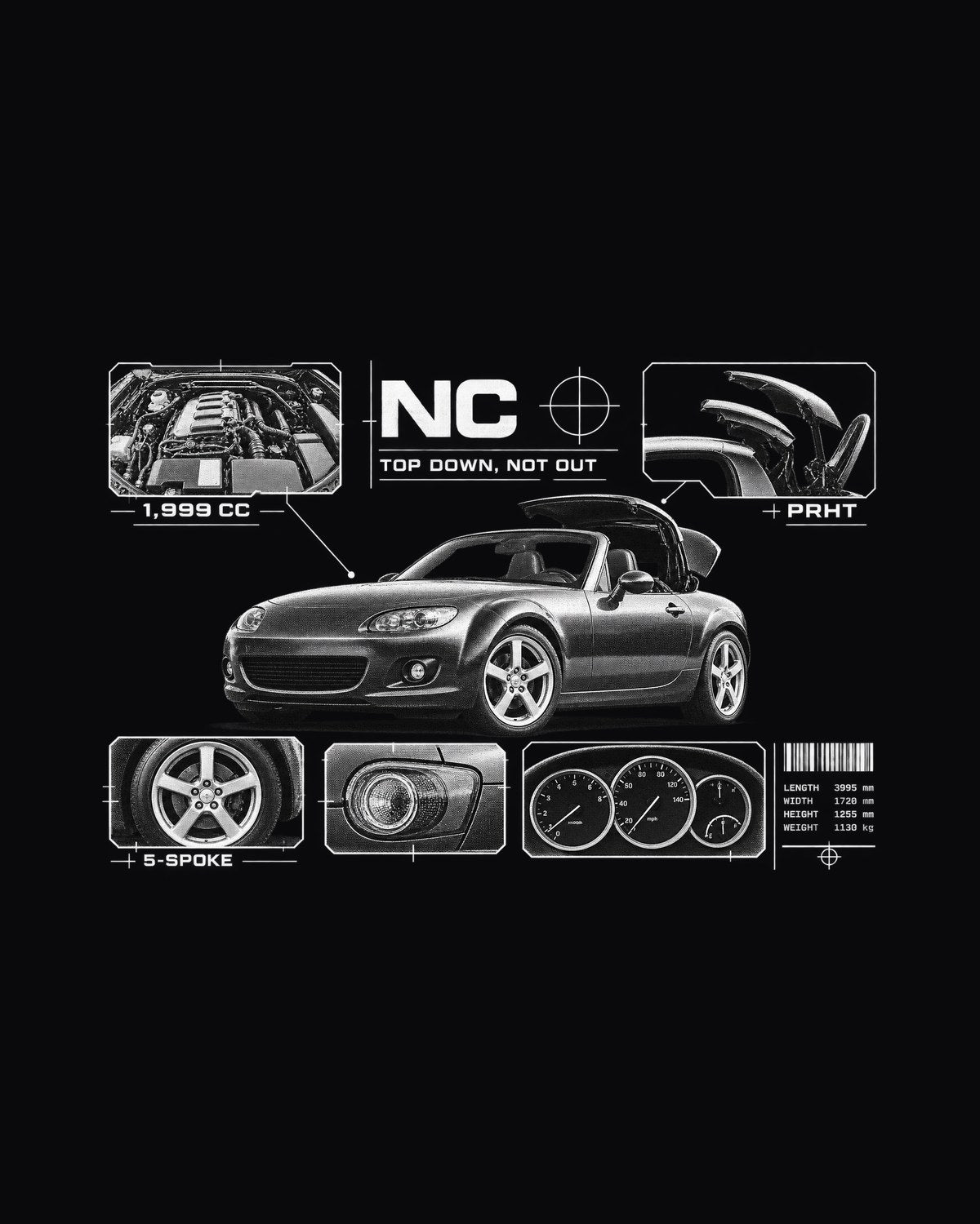 Mazda MX-5 NC PRHT Roof Dossier Tee, Top Down Not Out design only