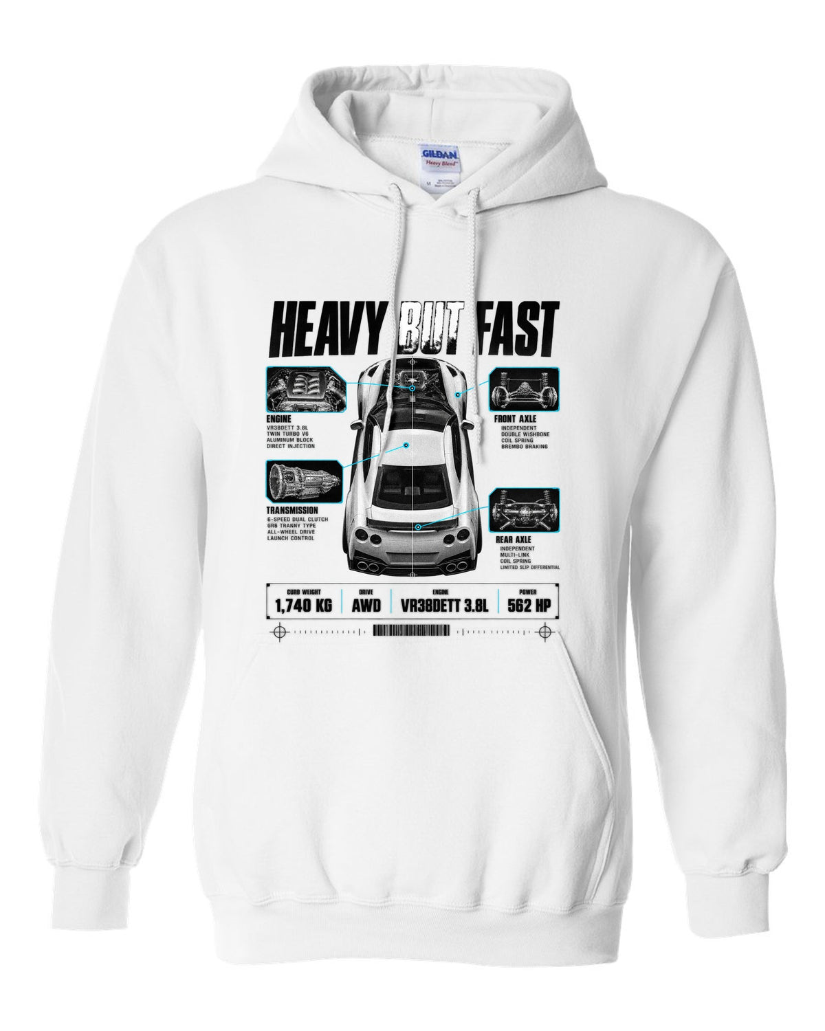 Top-down and profile spec poster of a Nissan GT-R R35 with 1,740 kg curb weight and VR38DETT lettering white pull over hoodie front view with the design