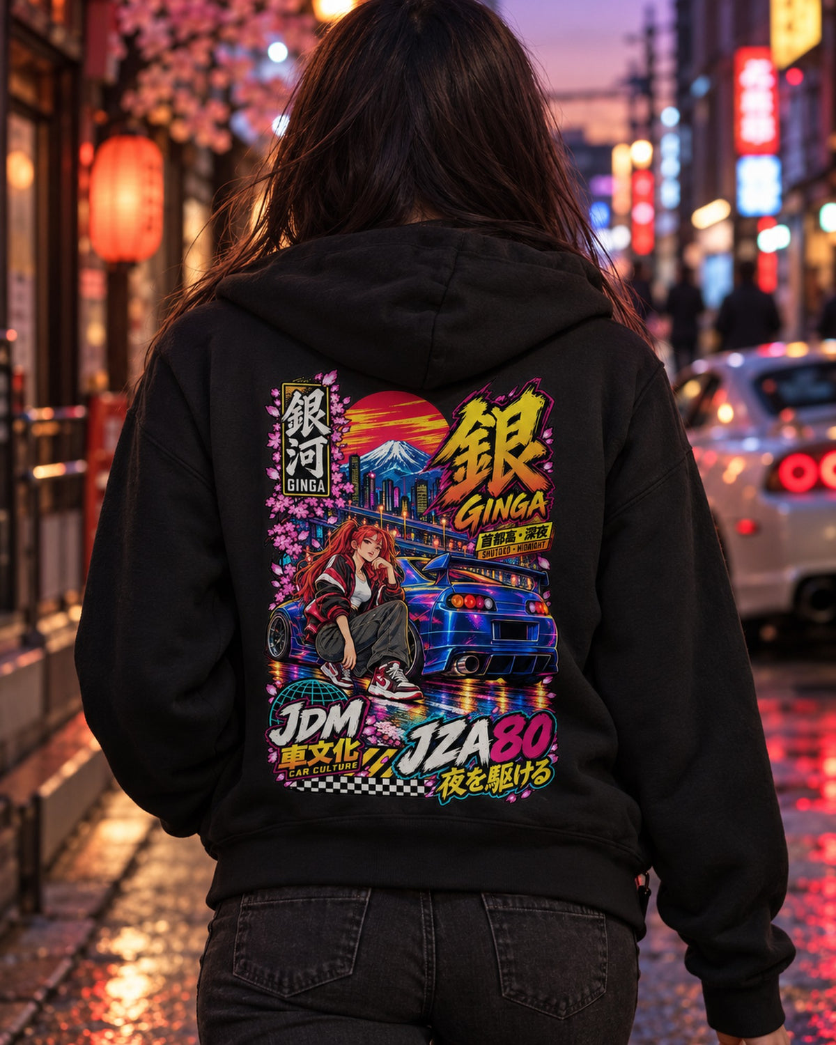 GINGA JZA80 Anime Girl Full-Back Graphic Tee Zip Hoodie Black worn hero