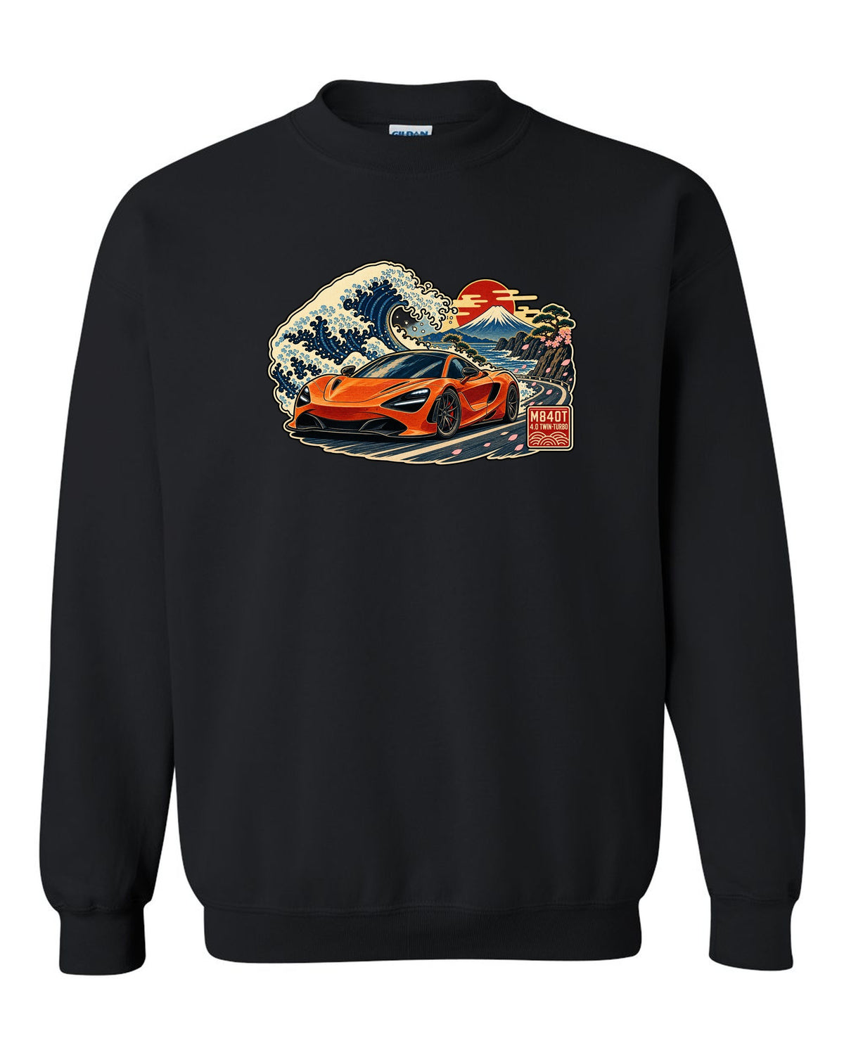 Ukiyo-e woodblock wave print of a McLaren 720S with M840T and 4.0 Twin-Turbo lettering black crewneck front view with the design