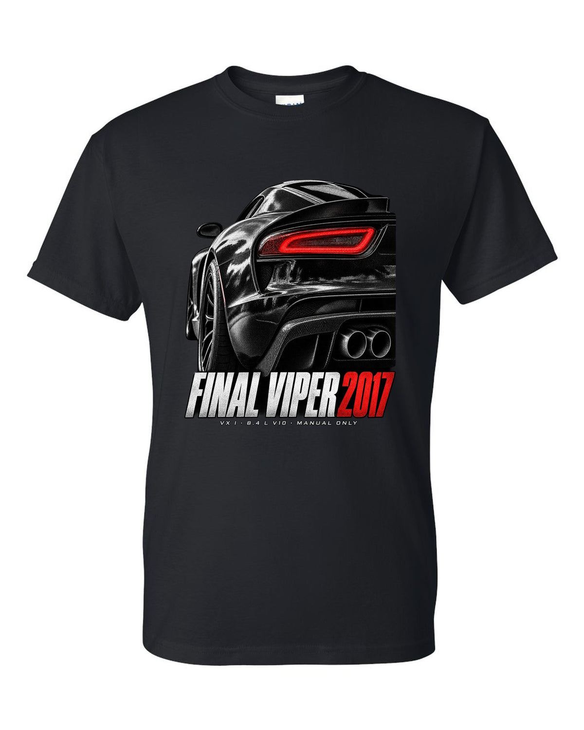 2014 Dodge Viper SRT VX I rear taillight macro print with Final Viper 2017 lettering black t-shirt front view with the design