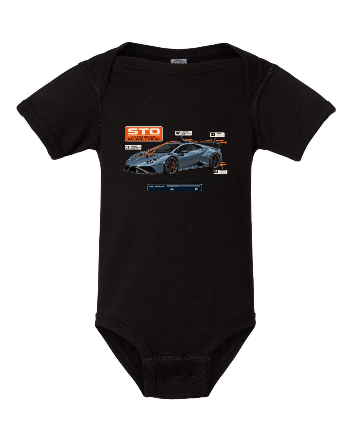 Aero callout print of the Lamborghini Huracan STO showing airflow black baby onesie front view with the design