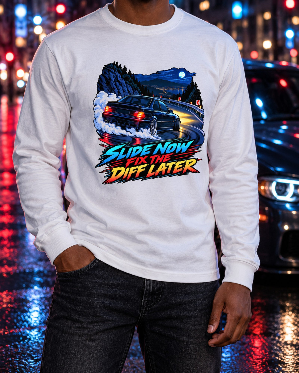 BMW E36 M3 S50 Spec Sheet Shirt, Car Guy Tee Long Sleeve White worn hero