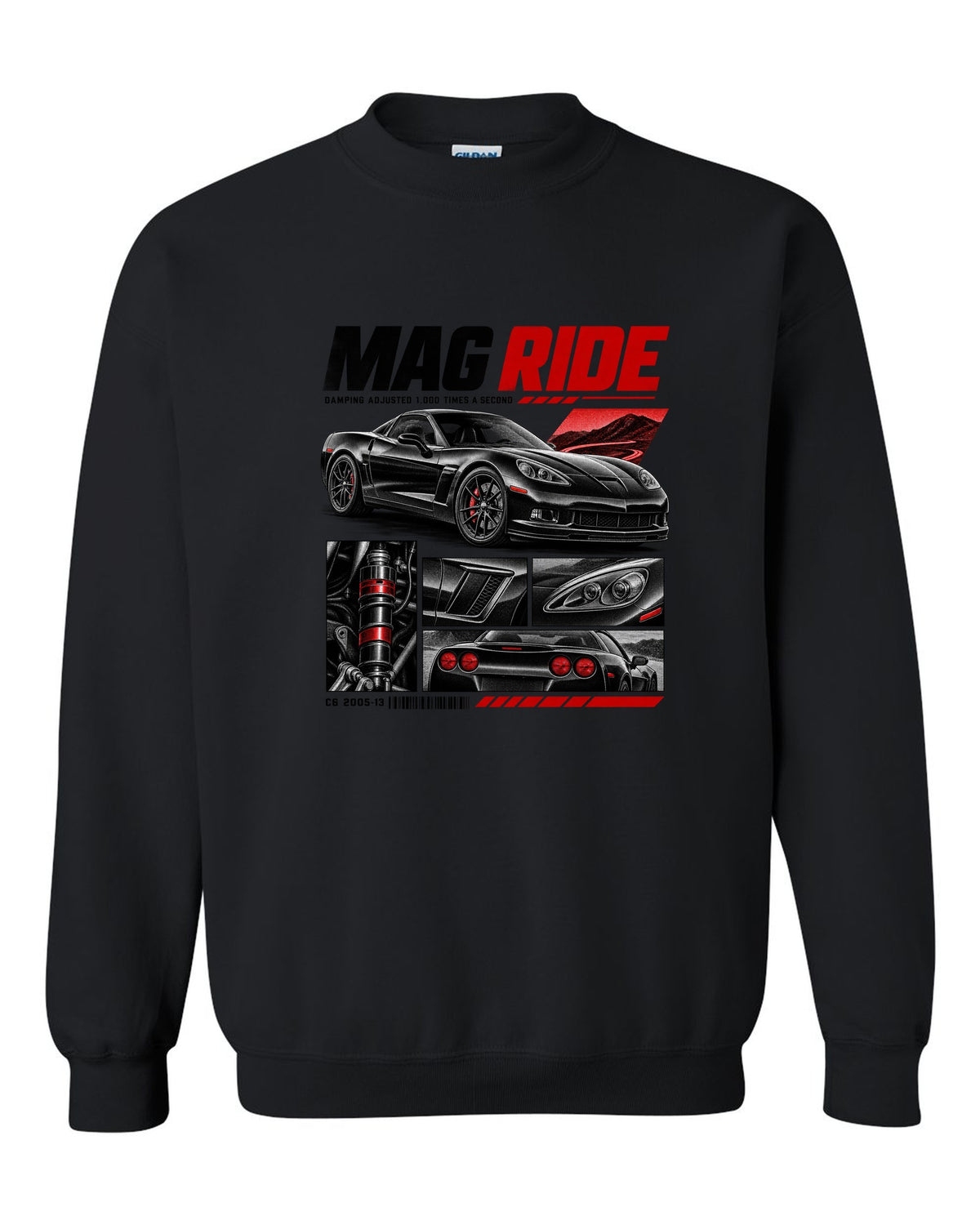 Corvette C6 coupe in dossier panels with magnetic ride text black crewneck front view with the design