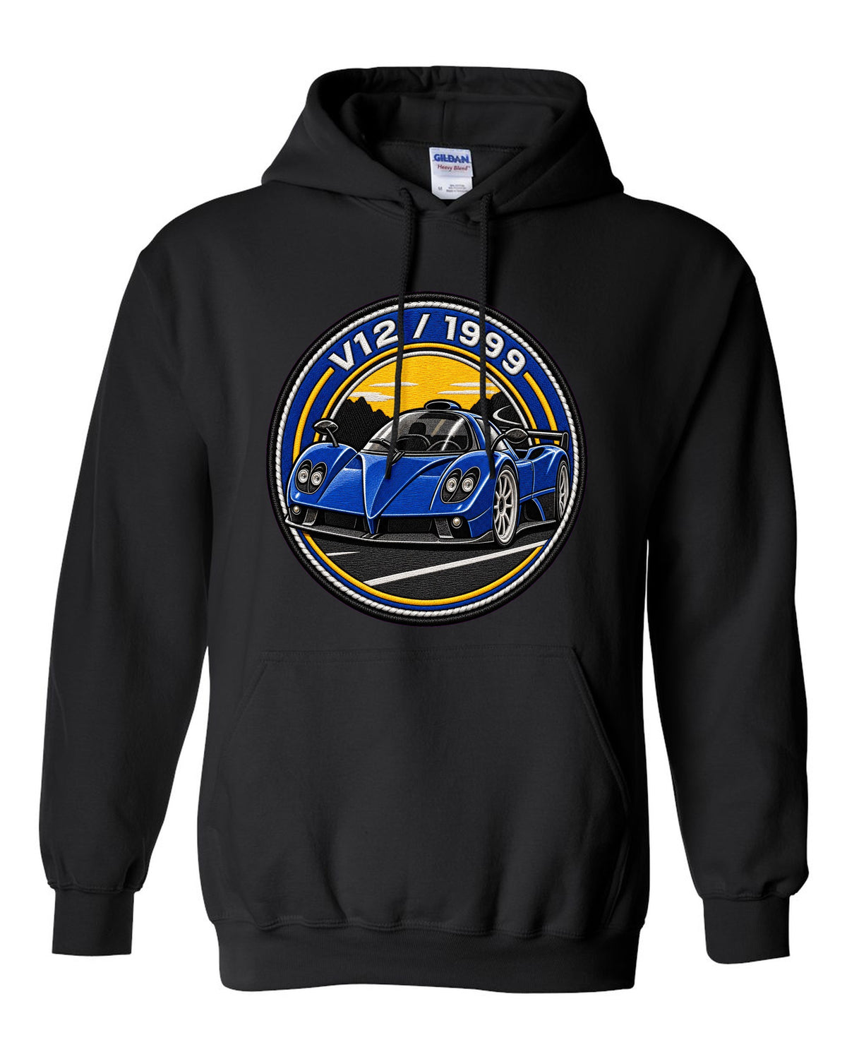 Varsity embroidery-style print for the 1999 Pagani Zonda C12 with V12 and 1999 lettering black pull over hoodie front view with the design