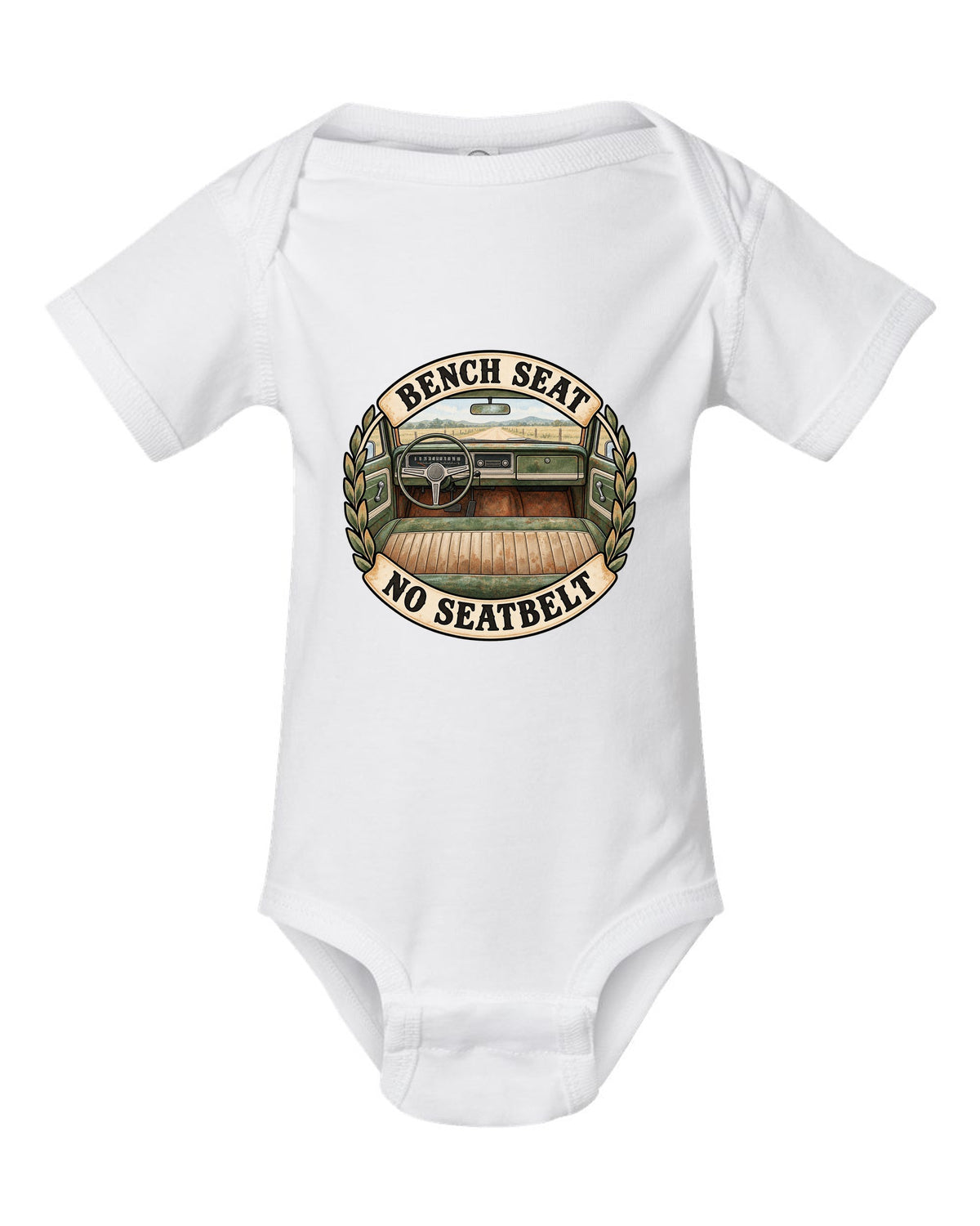 Watercolor print of the dash and bench seat in a 1967-72 Chevrolet C10 Action Line Fleetside Cheyenne white baby onesie front view with the design