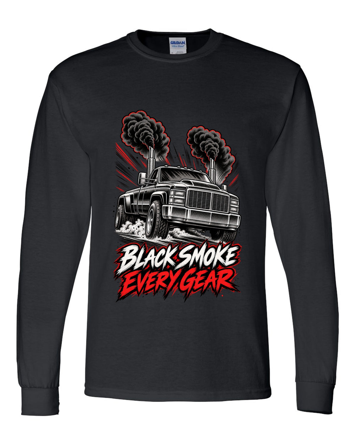 Retro manga halftone panel print of a 1994-1998 Dodge Ram 2500 12V Cummins with black smoke black long sleeve front view with the design