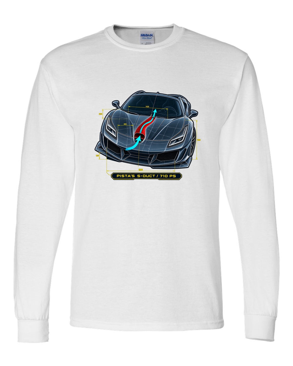 Blueprint line art of the Ferrari F8 Tributo S-duct with Pista reference white long sleeve front view with the design