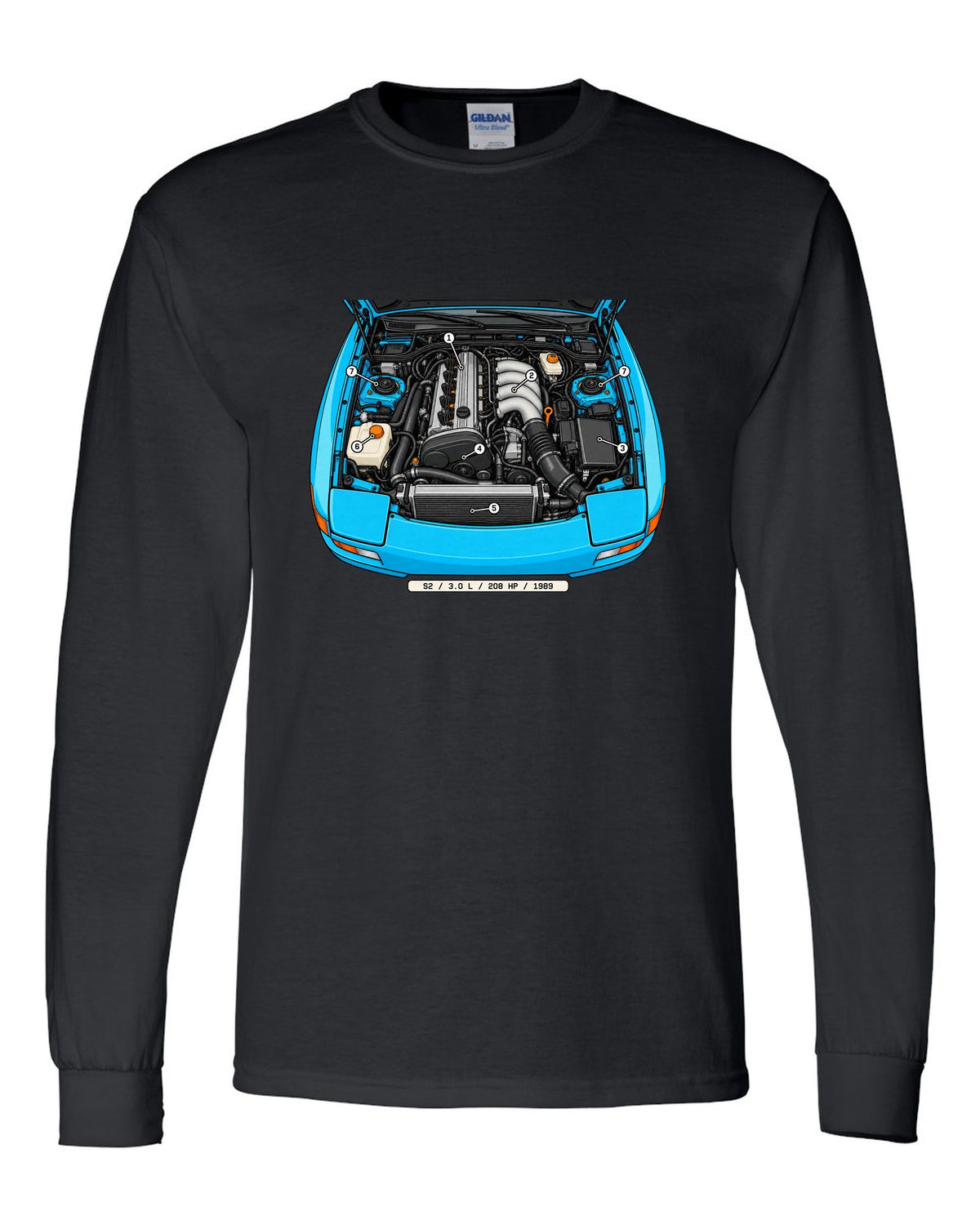 Technical callout diagram of the Porsche 944 S2 engine bay black long sleeve front view with the design