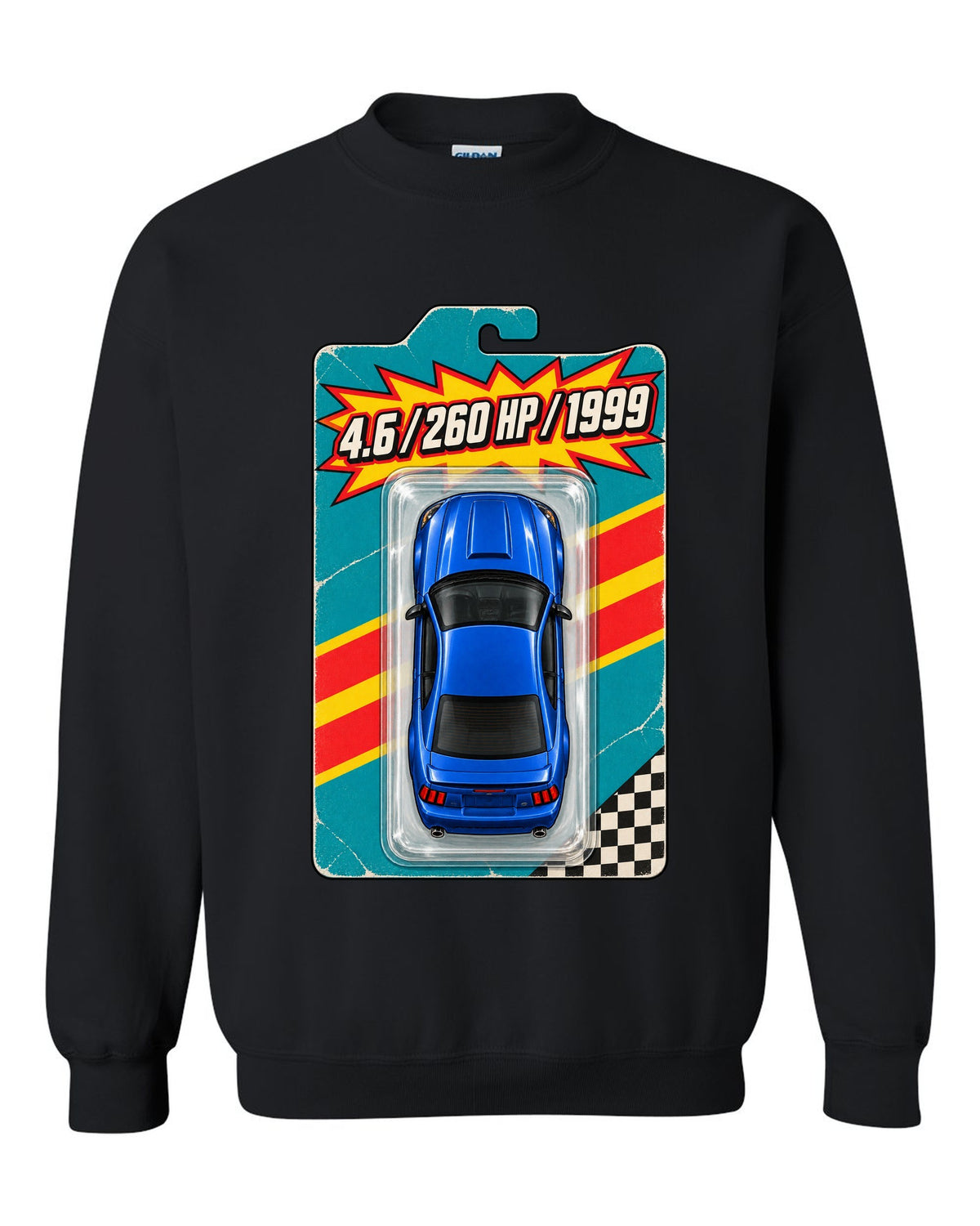 Toy blister card layout of a 1999-2004 New Edge Ford Mustang coupe with 4.6 260 HP text black crewneck front view with the design