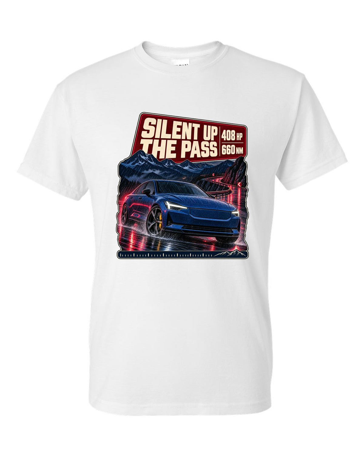 Polestar 2 Launch Edition driving a mountain pass at night, print design white t-shirt front view with the design