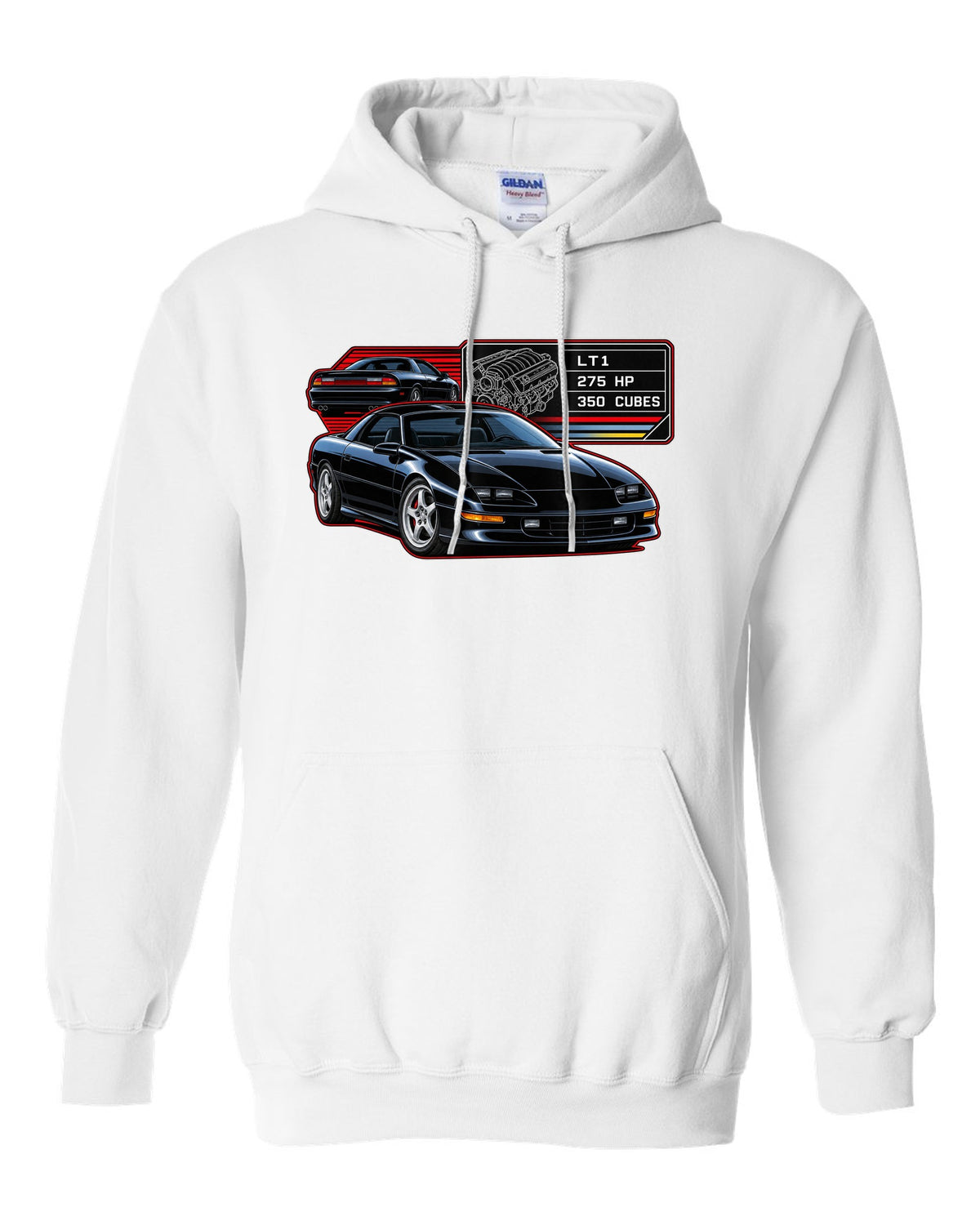 1993 Camaro Z28 fourth-generation spec plate design with the text LT1 275 HP 350 Cubes white pull over hoodie front view with the design