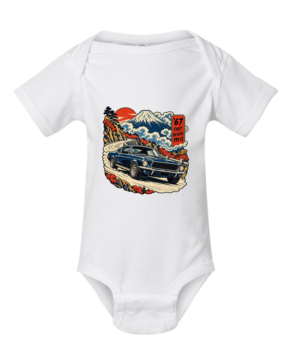 Ukiyo-e woodblock print of a 1967 Ford Mustang fastback with 390 FE first big-block text white baby onesie front view with the design