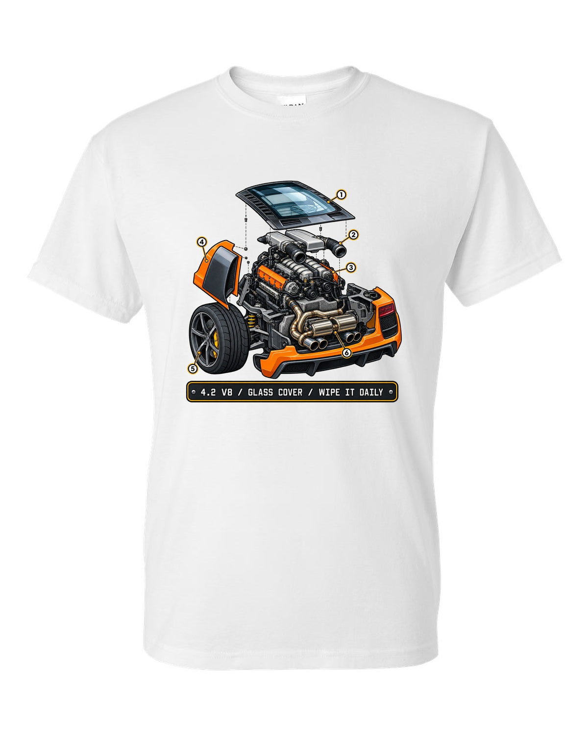 Isometric exploded view print of the Audi R8 Type 42 4.2 V8 with glass cover white t-shirt front view with the design