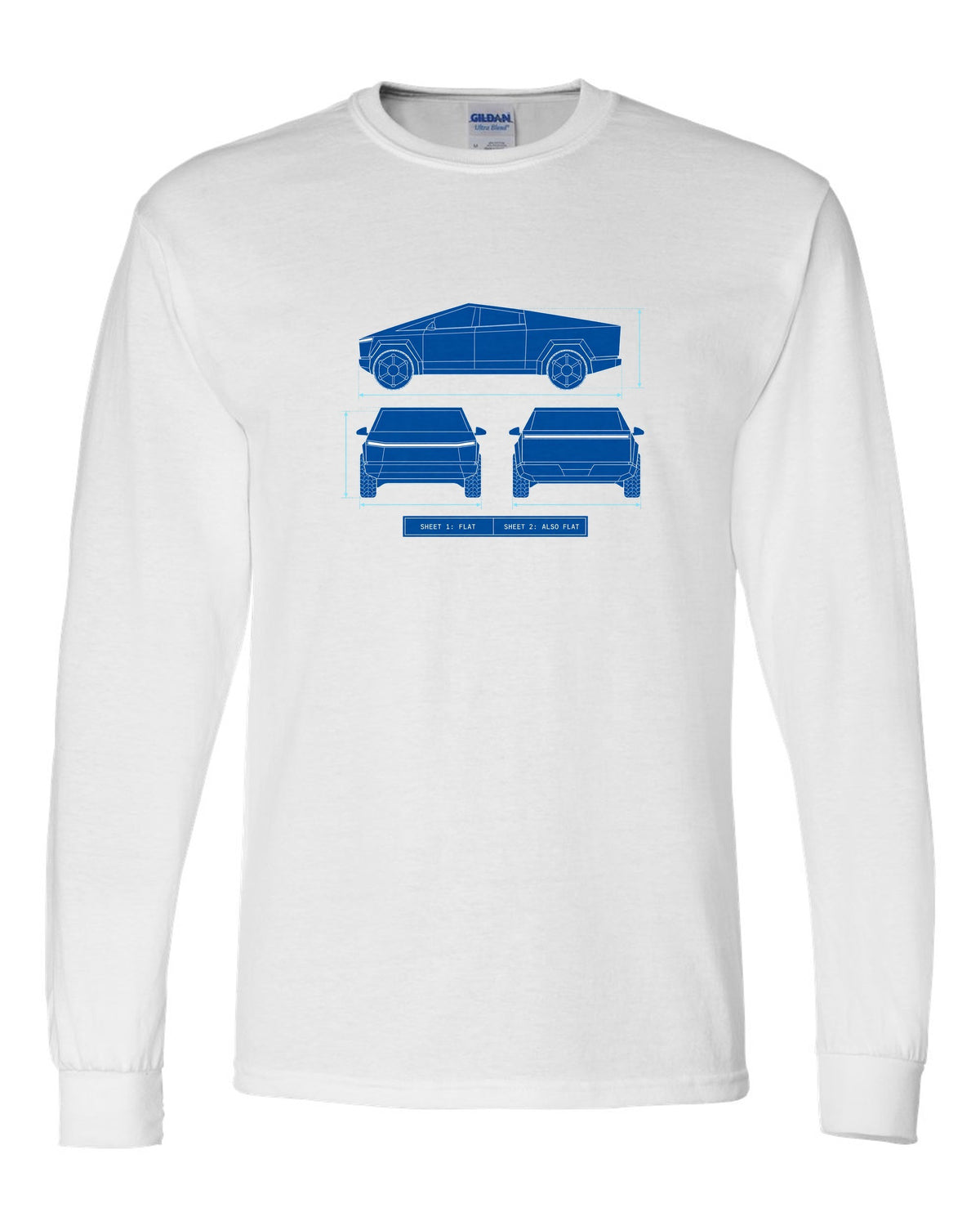 Technical blueprint line art of a 2023 Tesla Cybertruck with Sheet 1 Flat and Sheet 2 Also Flat lettering white long sleeve front view with the design