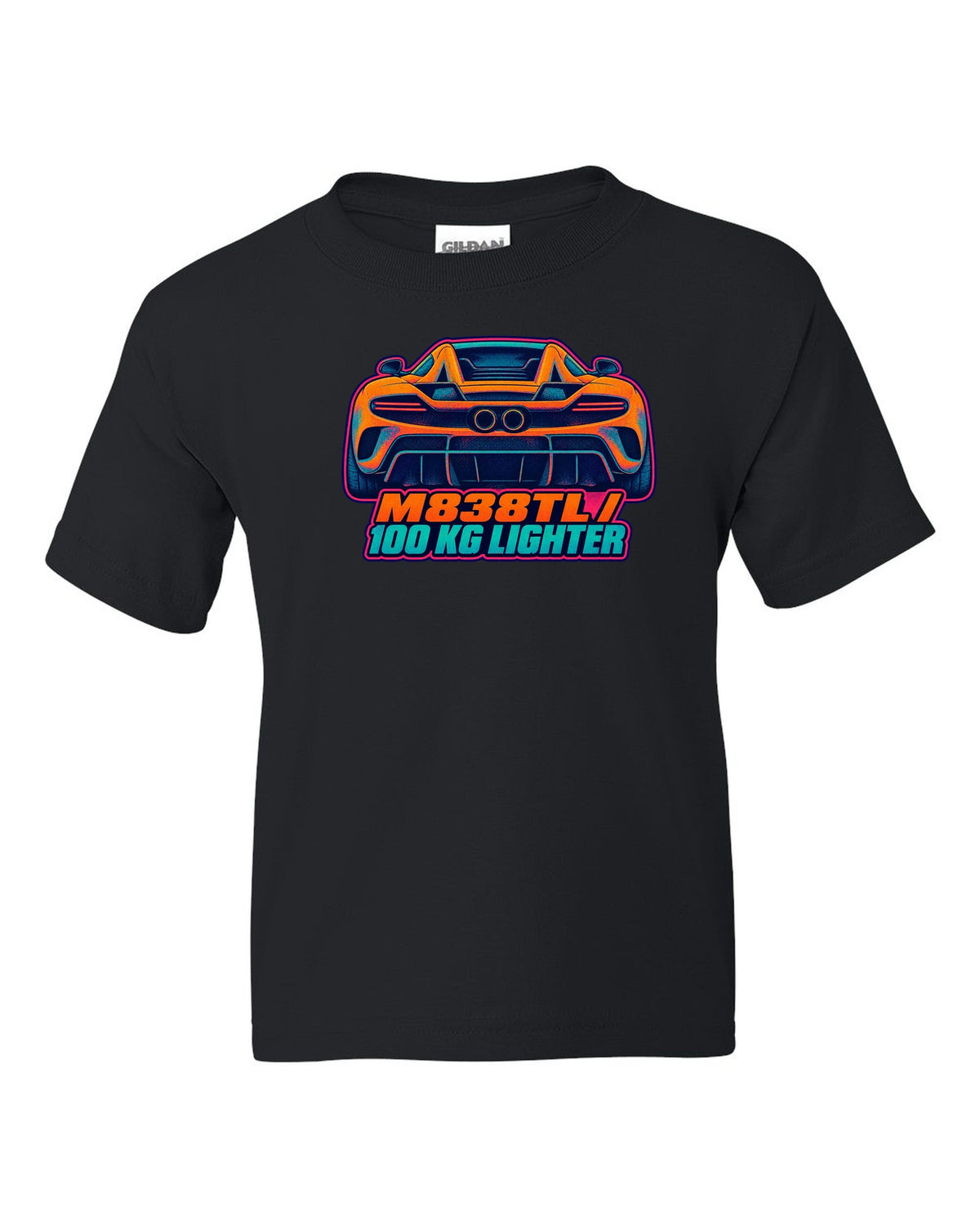 Risograph spot colour print of the McLaren 675LT flying buttress with M838TL and 100 kg Lighter lettering black kids tee front view with the design