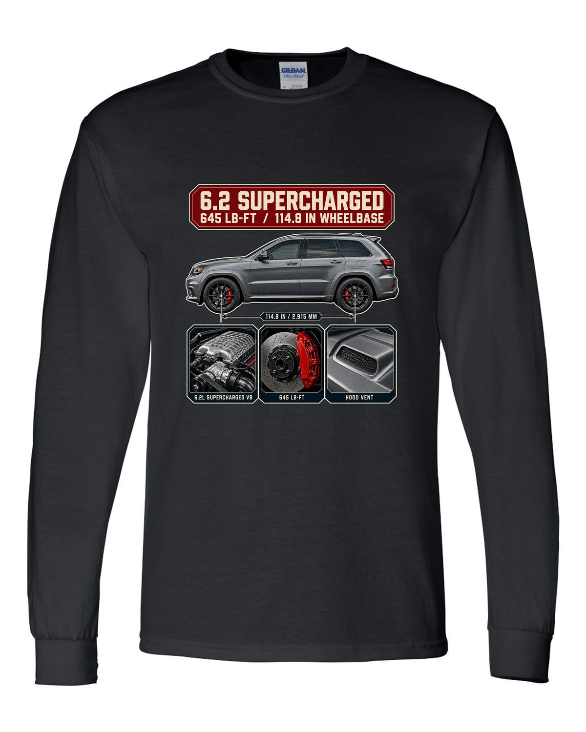 Dossier panel print of the Jeep Grand Cherokee Trackhawk WK2 with engine and torque black long sleeve front view with the design