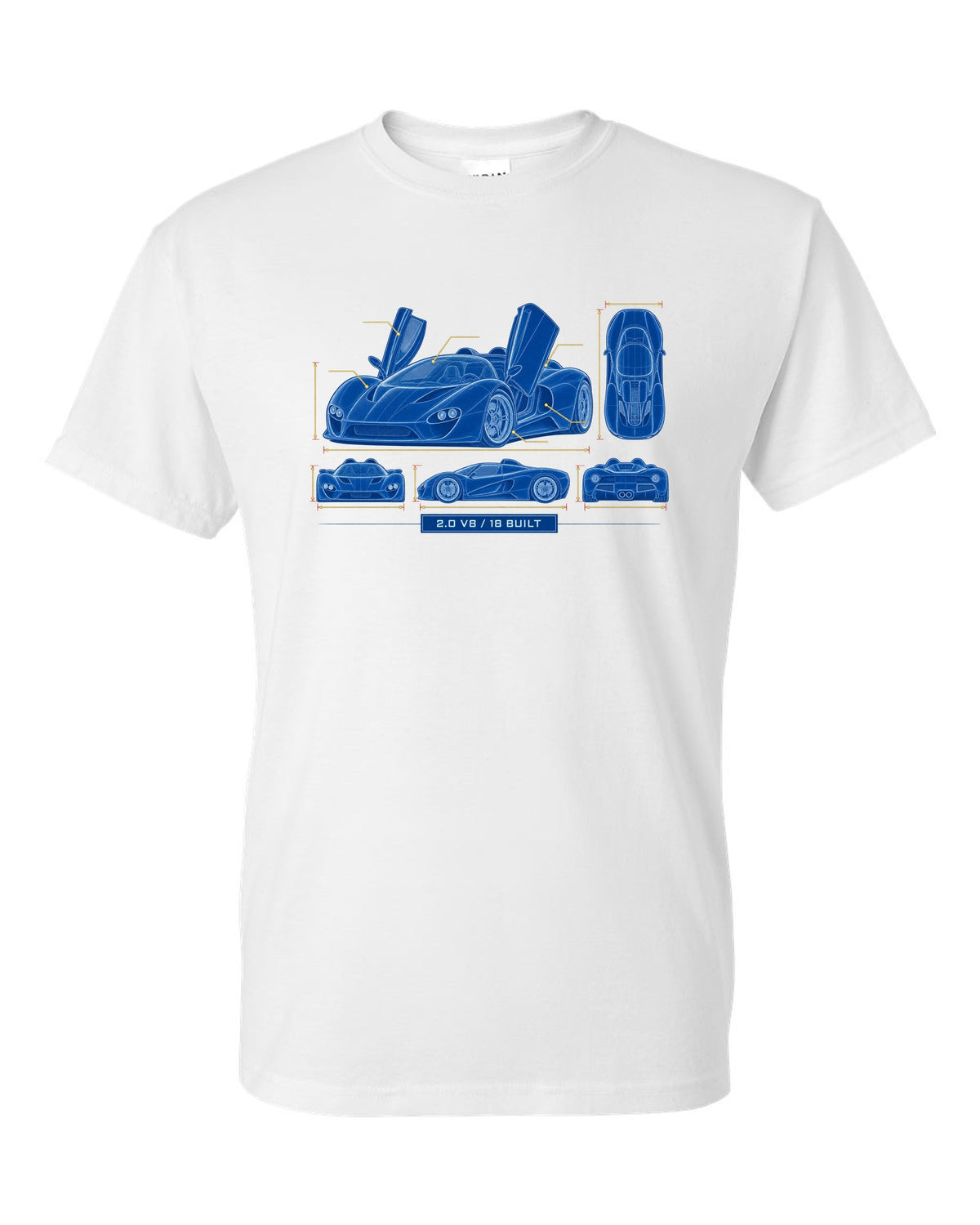 Cyanotype negative blueprint of an Alfa Romeo 33 Stradale with 2.0 V8 and 18 built white t-shirt front view with the design