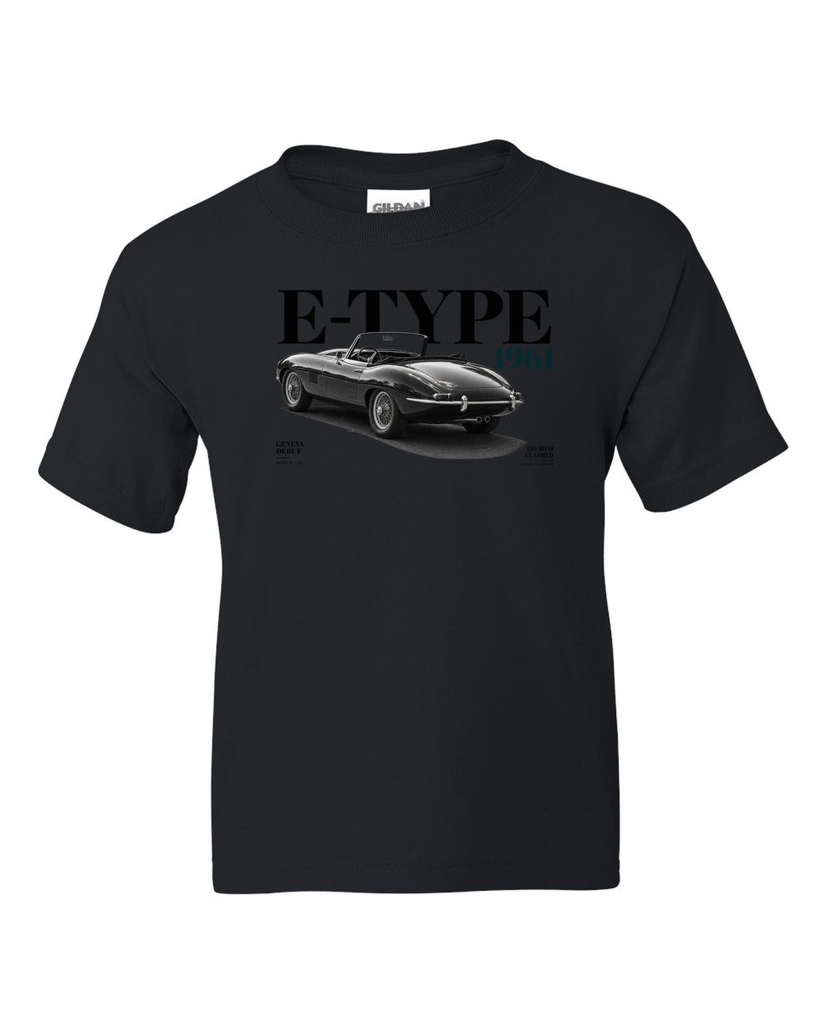Jaguar E-Type roadster 1961 Geneva debut editorial poster black kids tee front view with the design