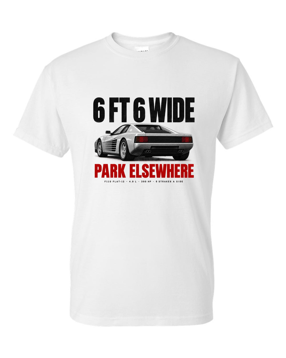 Ferrari Testarossa F110 1984 halftone print, 6 ft 6 wide, park elsewhere white t-shirt front view with the design