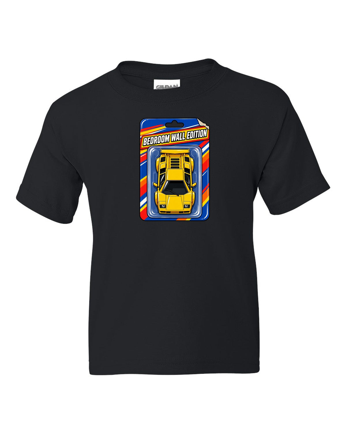 Top-down Lamborghini Countach LP400 S on a toy blister card labelled Bedroom Wall Edition black kids tee front view with the design