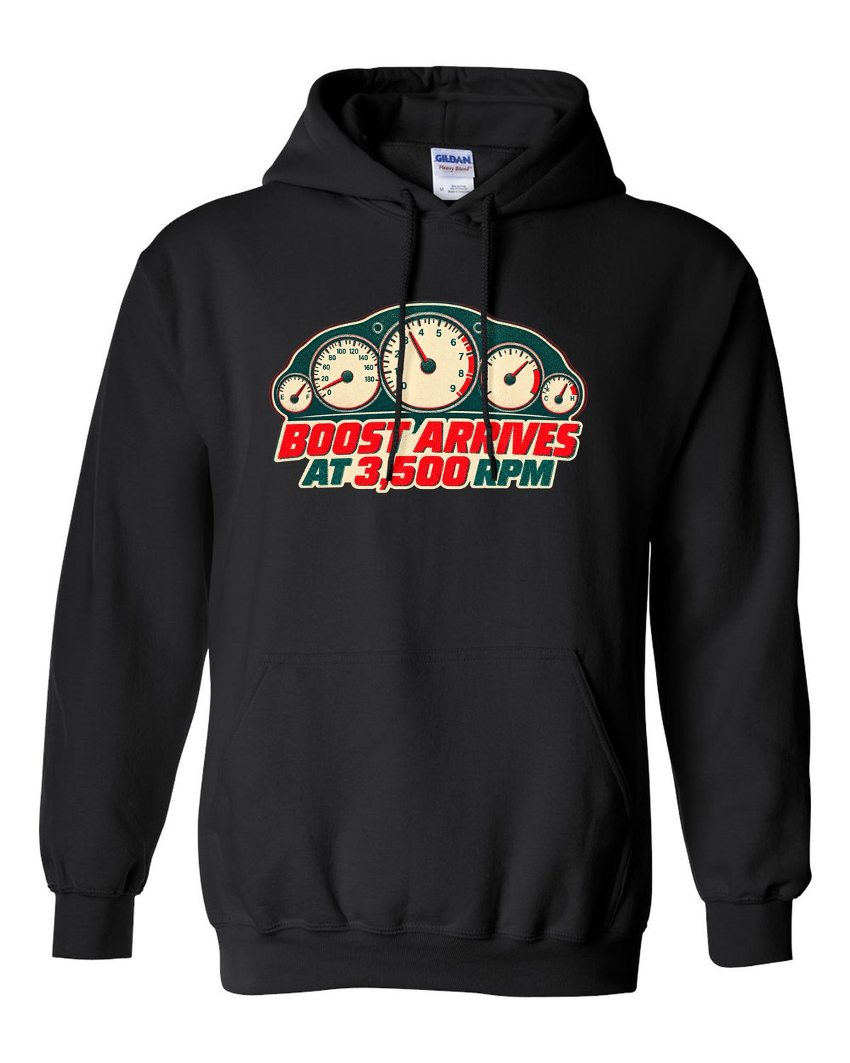 Risograph two-colour print of a tachometer for the Nissan Skyline GT-R R33 BCNR33 black pull over hoodie front view with the design