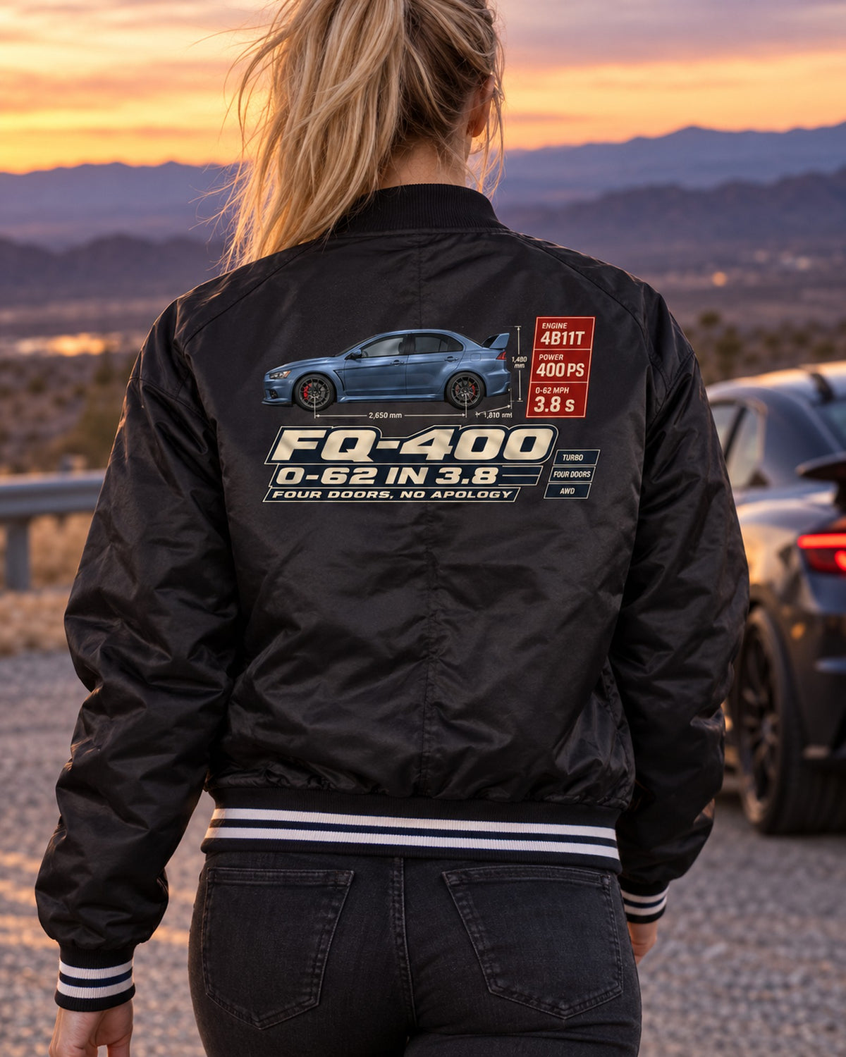 Evo X FQ-400 Spec Poster Tee, 0-62 in 3.8, Four Doors Bomber Jacket Black worn hero