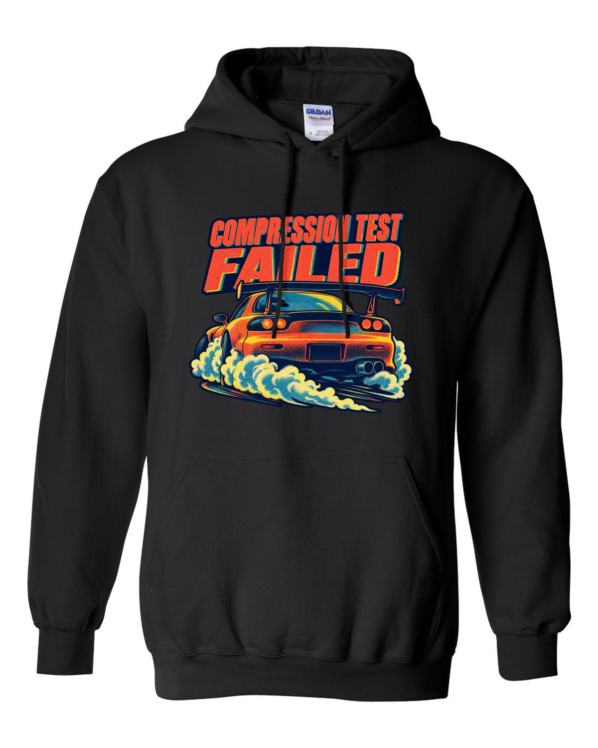 Risograph spot-colour rear view of a Mazda RX-7 FD3S with glowing taillights black pull over hoodie front view with the design
