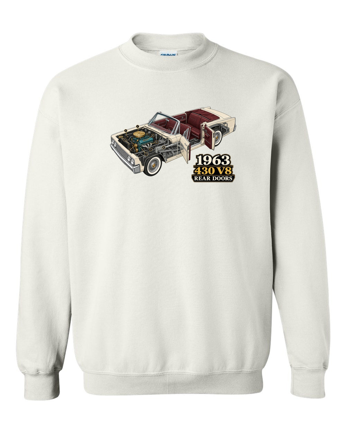 1963 Lincoln Continental four-door convertible isometric cutaway diagram white crewneck front view with the design