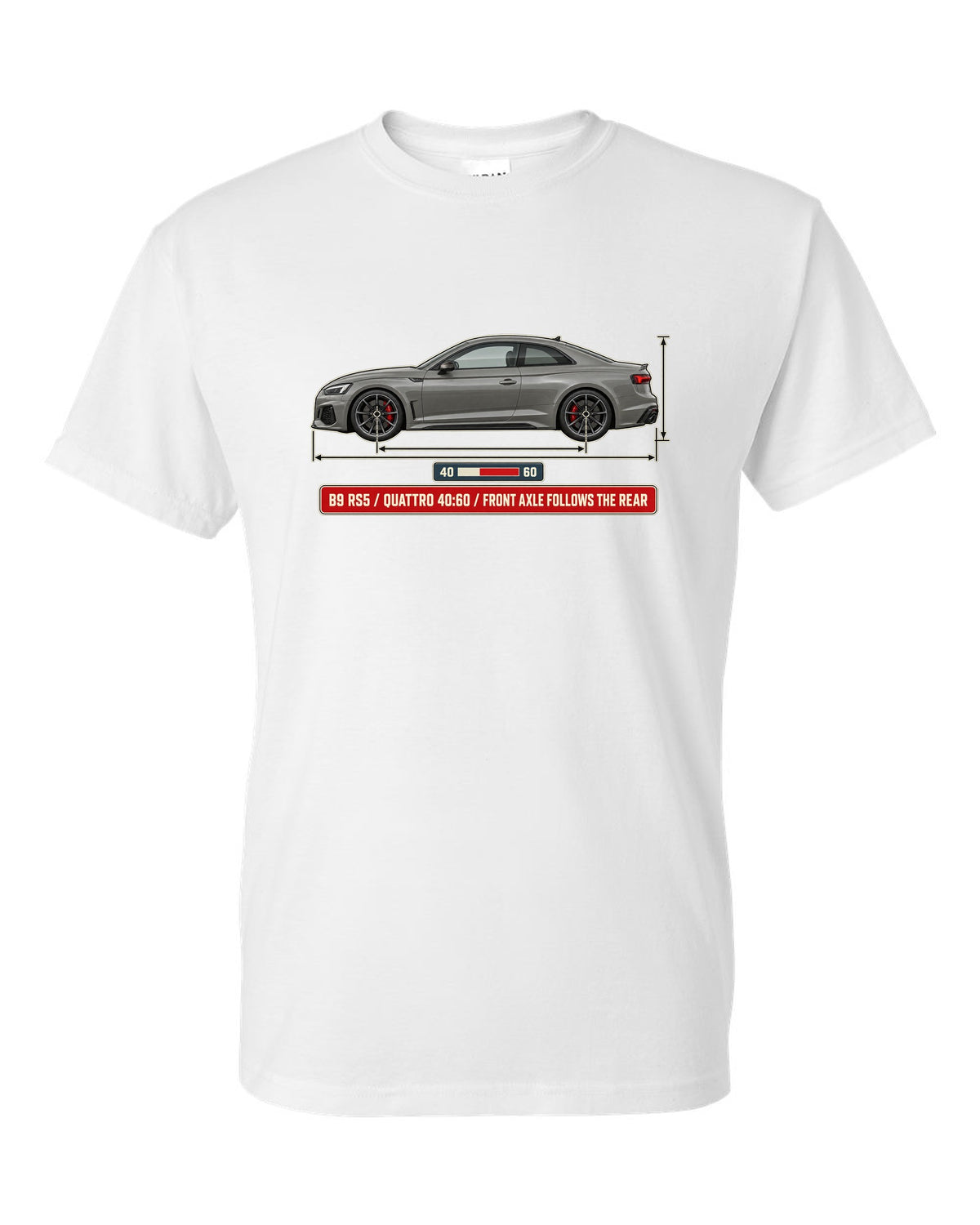 Dimension blueprint of an Audi RS5 Coupe B9 facelift with quattro 40:60 text white t-shirt front view with the design