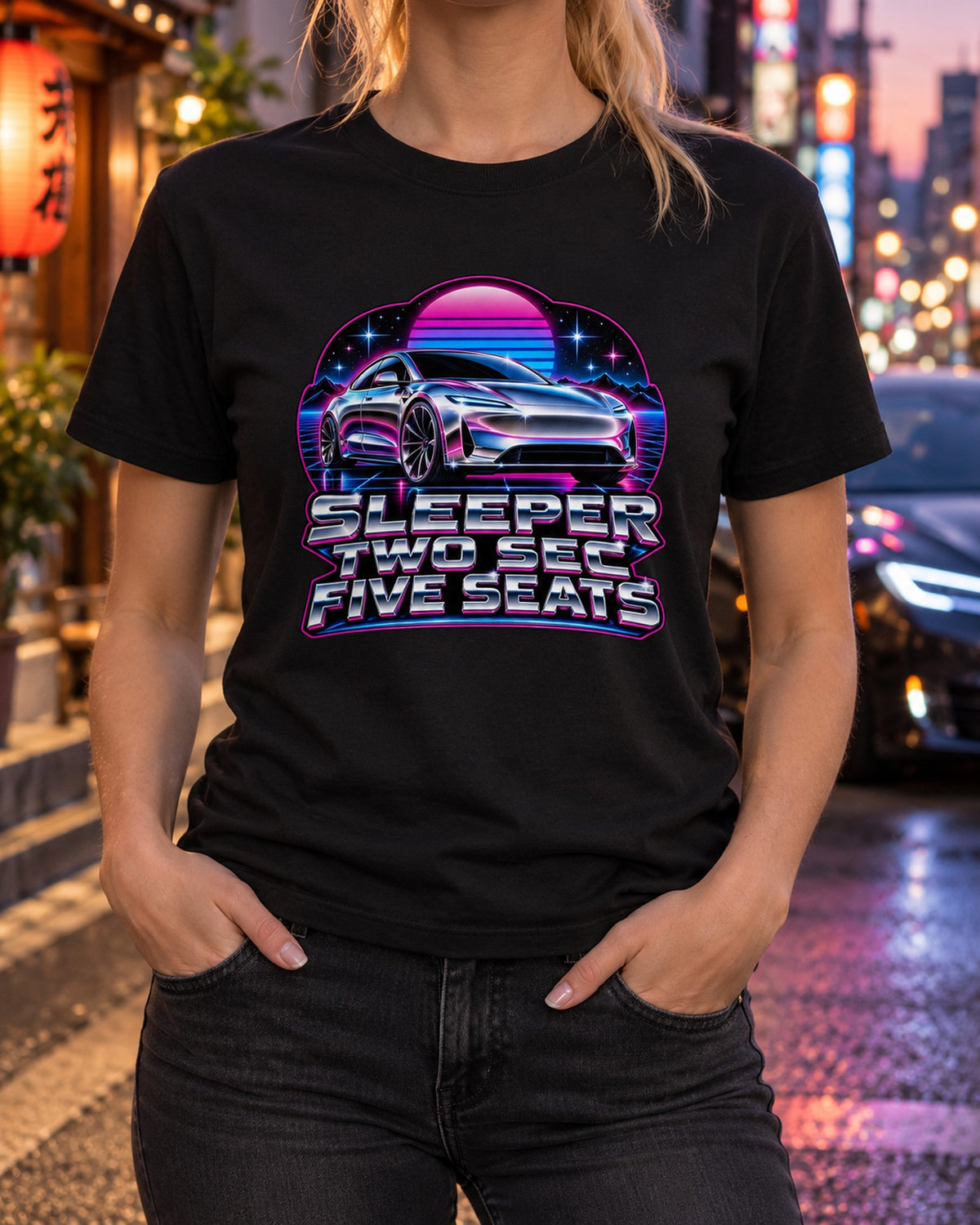 Tesla Model S Plaid 80s Chrome Airbrush Sleeper Shirt T-Shirt Black worn hero