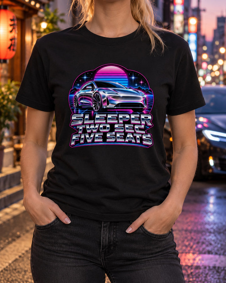 Tesla Model S Plaid 80s Chrome Airbrush Sleeper Shirt T-Shirt Black worn hero