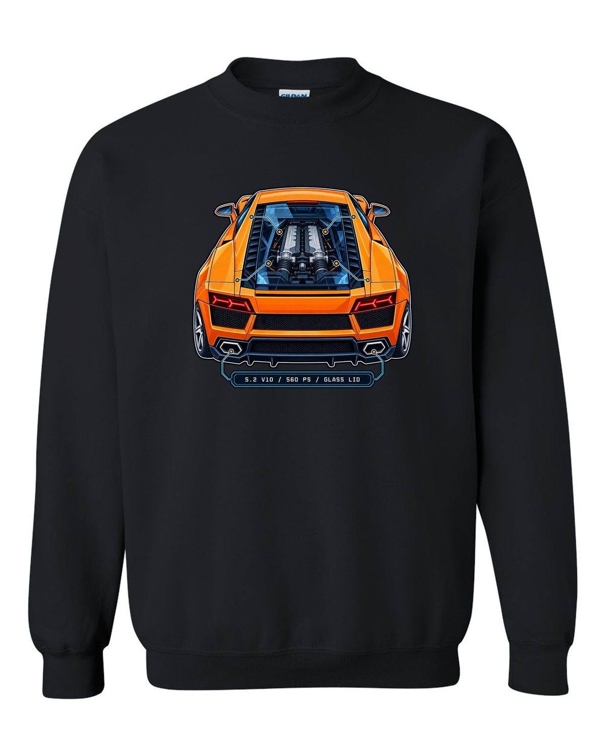 Patent-style technical drawing of a Lamborghini Gallardo LP560-4 with V10 under glass black crewneck front view with the design