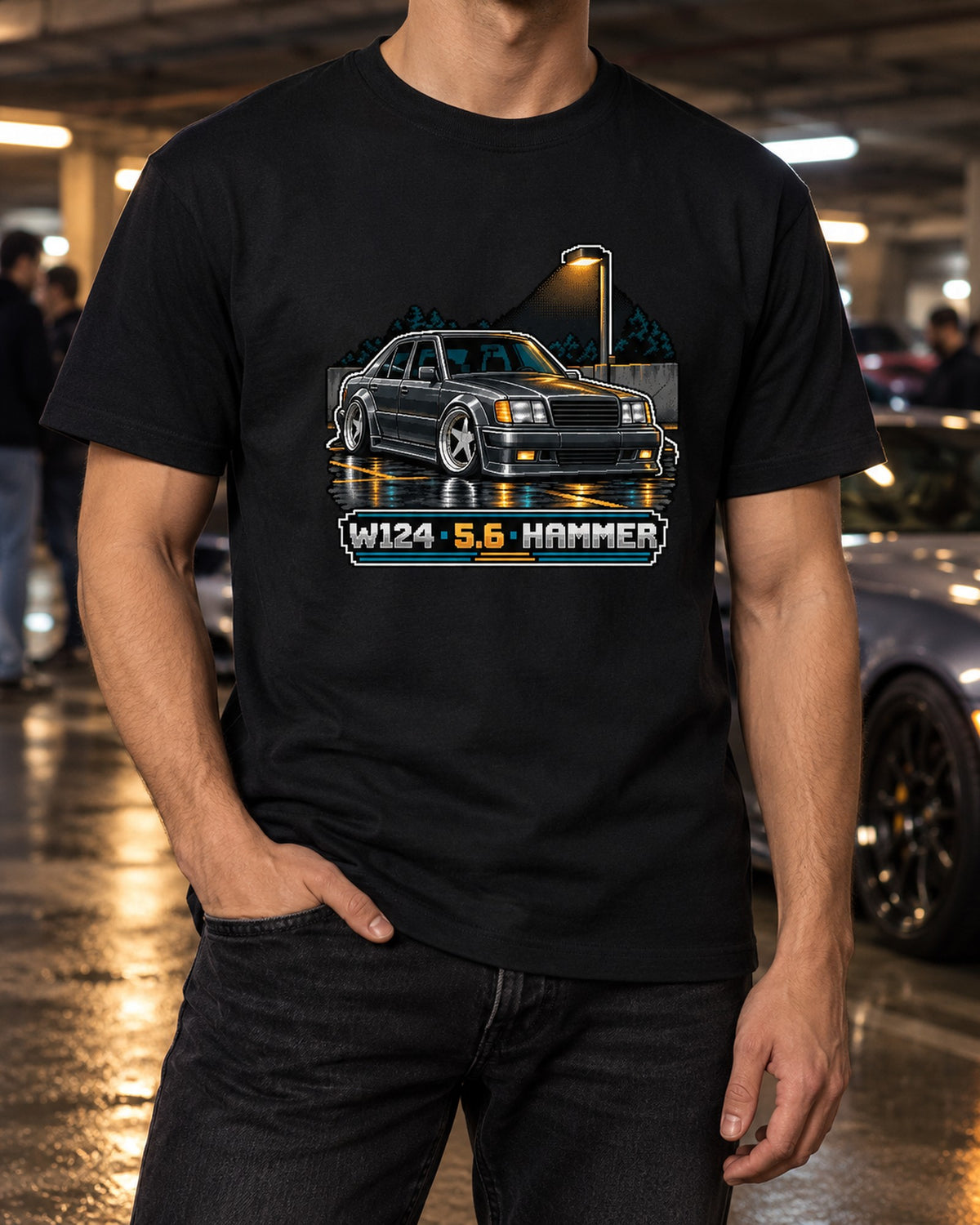 Mercedes 300E 5.6 AMG Hammer W124 Pixel Art print Tee T-Shirt Black worn hero