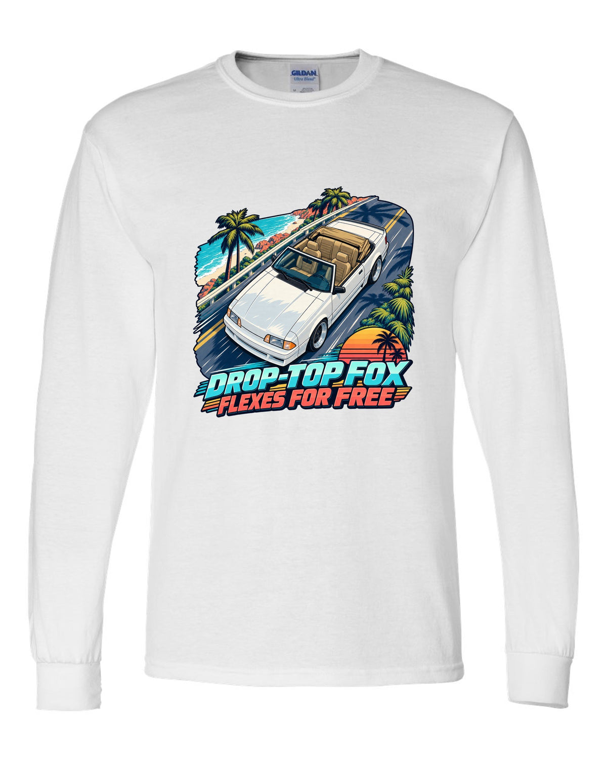 Cel-shaded anime print of a Ford Mustang Fox Body convertible seen from above white long sleeve front view with the design