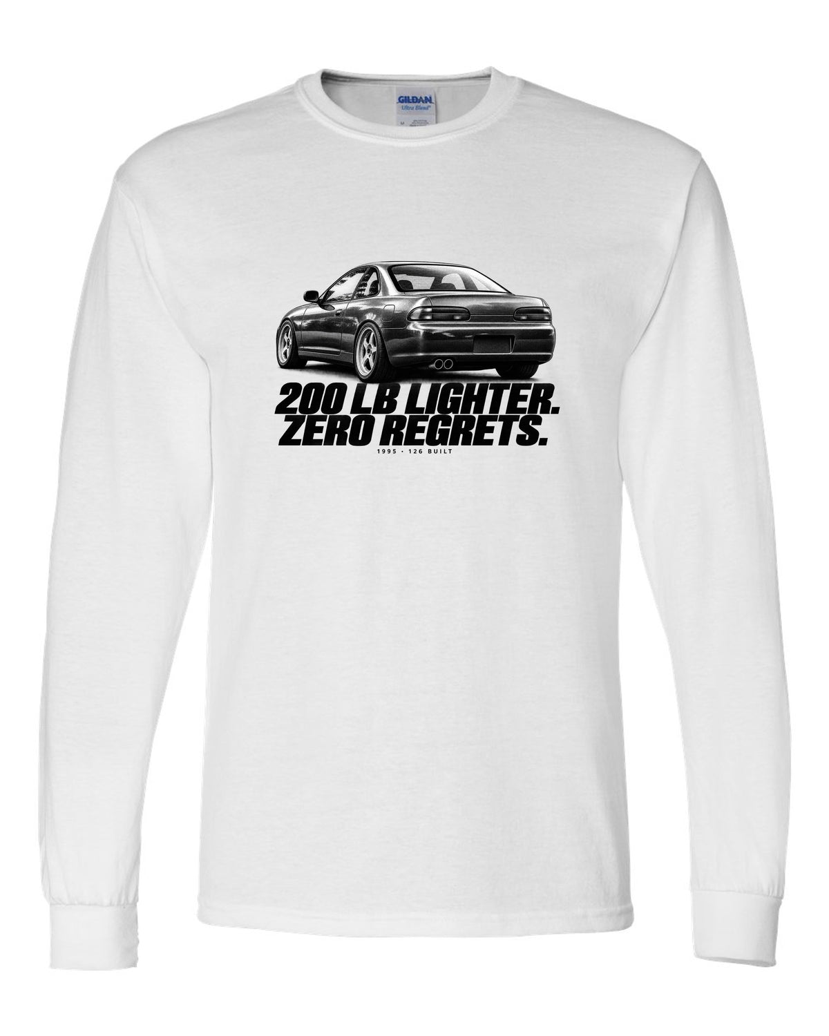 BMW E36 M3 Lightweight 1995 halftone print with 200 lb lighter and 126 built text white long sleeve front view with the design