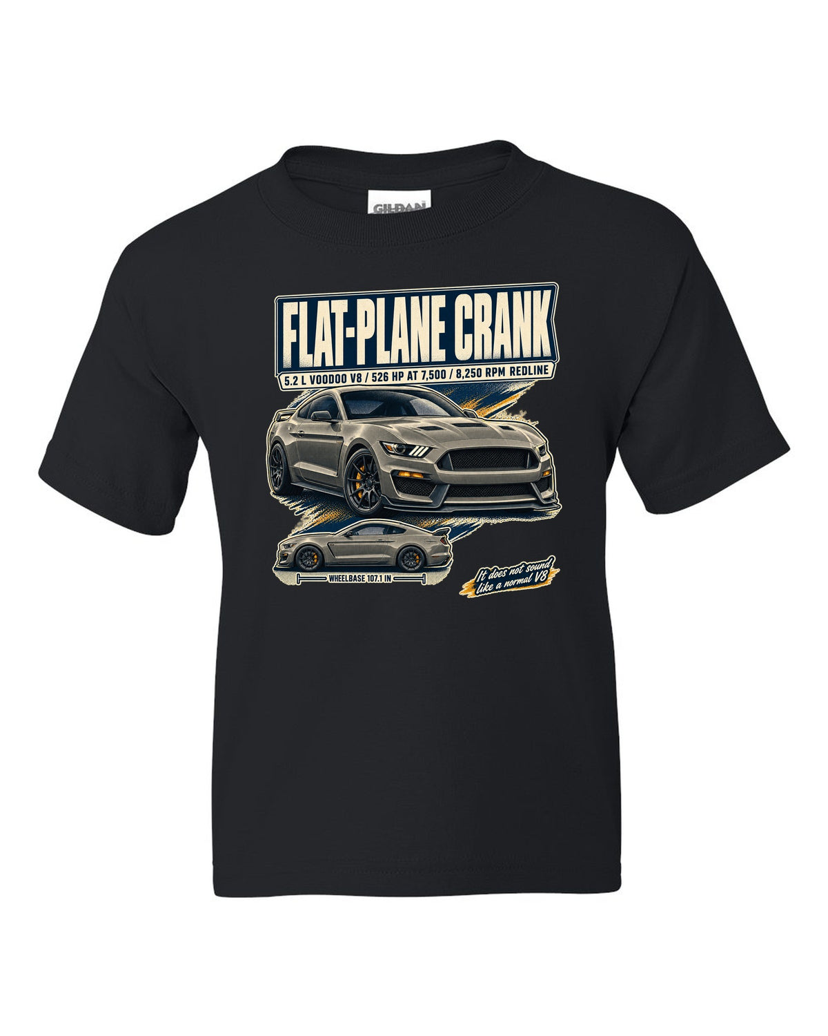 Ford Mustang S550 Shelby GT350 editorial headline print about the flat-plane crank V8 black kids tee front view with the design