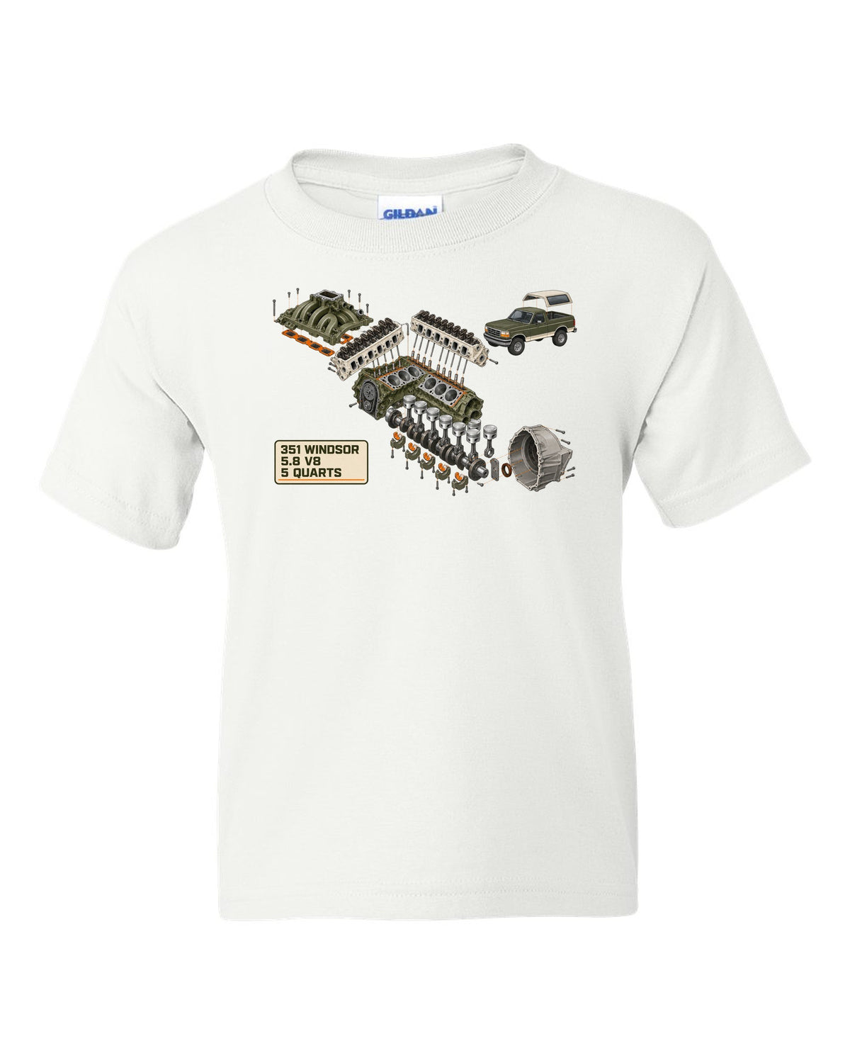Exploded cutaway diagram of a 1992-96 Ford Bronco OBS engine bay with 351 WINDSOR 5.8 V8 notes white kids tee front view with the design