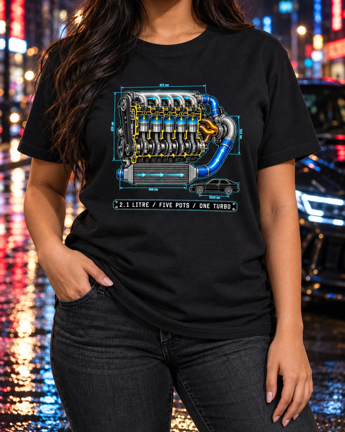 Audi Ur-Quattro Type 85 Five-Pot Technical Blueprint Shirt T-Shirt Black worn hero