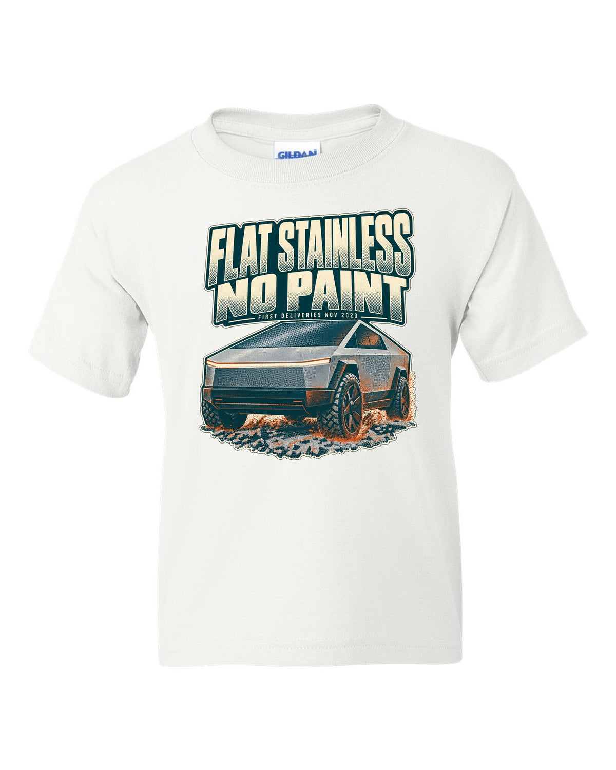 Halftone print of a Tesla Cybertruck front three-quarter with flat stainless text white kids tee front view with the design