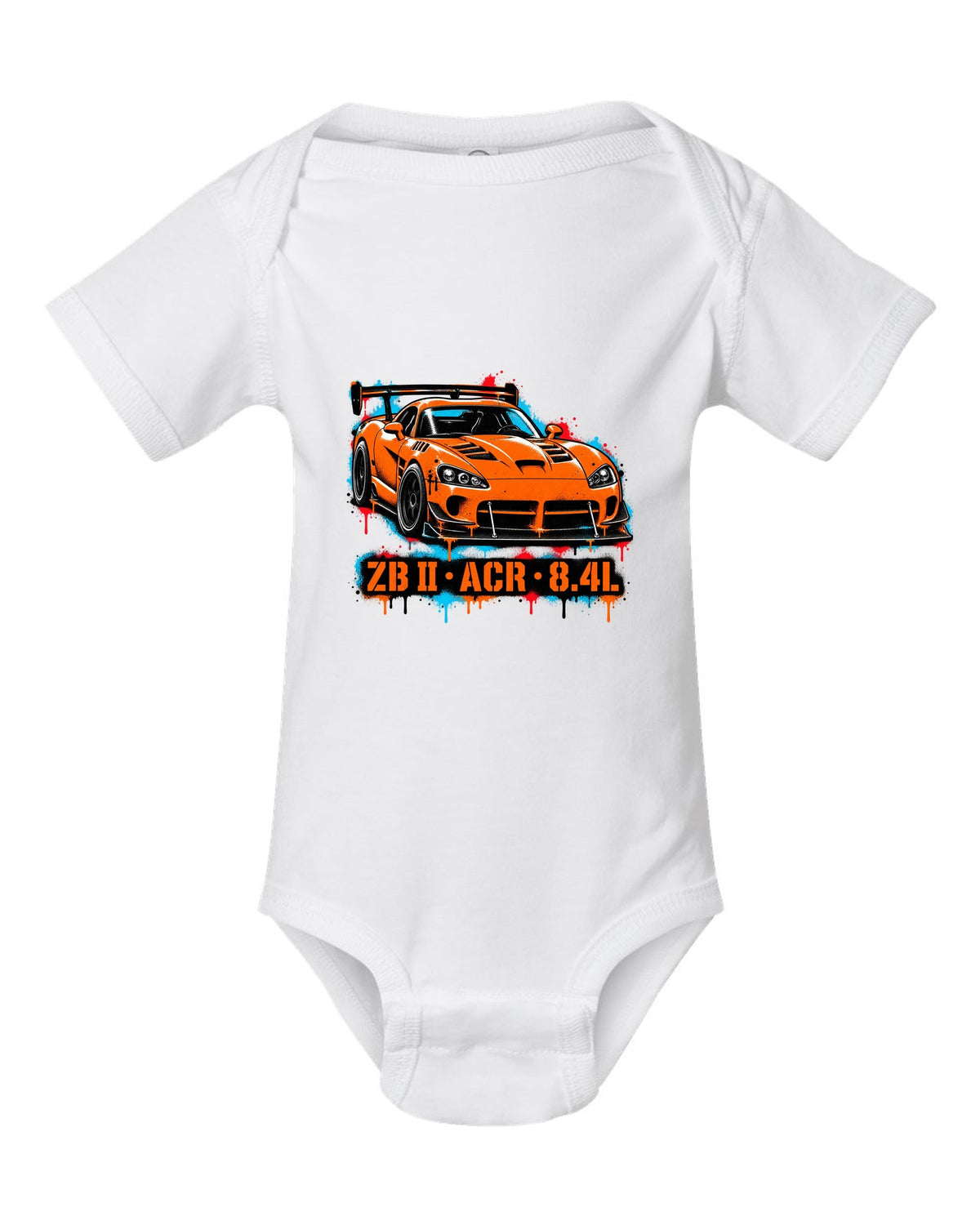 Stencil spray street art of a 2008 Dodge Viper ACR with large rear wing, ZB II ACR 8.4L lettering white baby onesie front view with the design