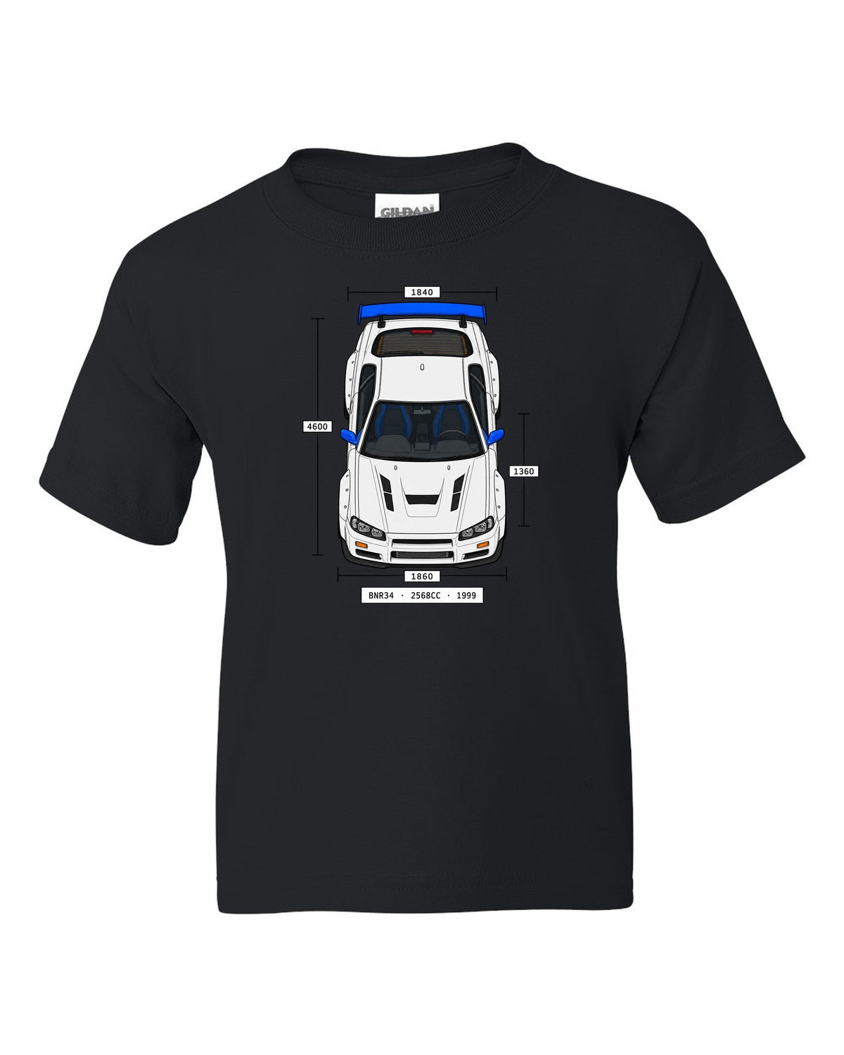 Spec-sheet data plate print reading BNR34 2568cc 1999 for the Nissan Skyline GT-R R34 black kids tee front view with the design